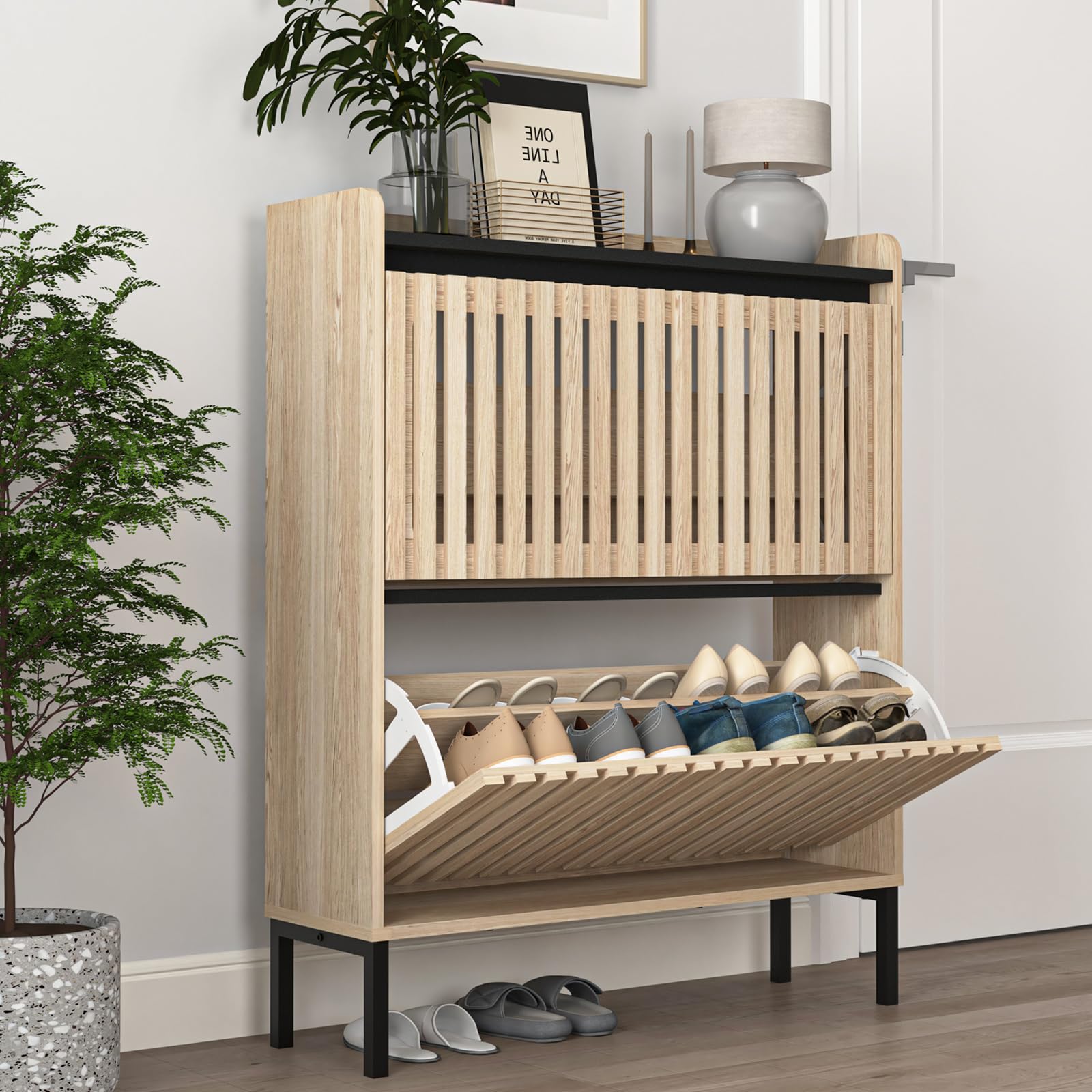 Slim Hidden Shoe Storage Cabinet with 2 Flip Drawers - Space Saving Entryway Shoe Organizer with Metal Legs for Hallway, Living Room & Bedroom - Perfect for Small Apartments & Closet Organization