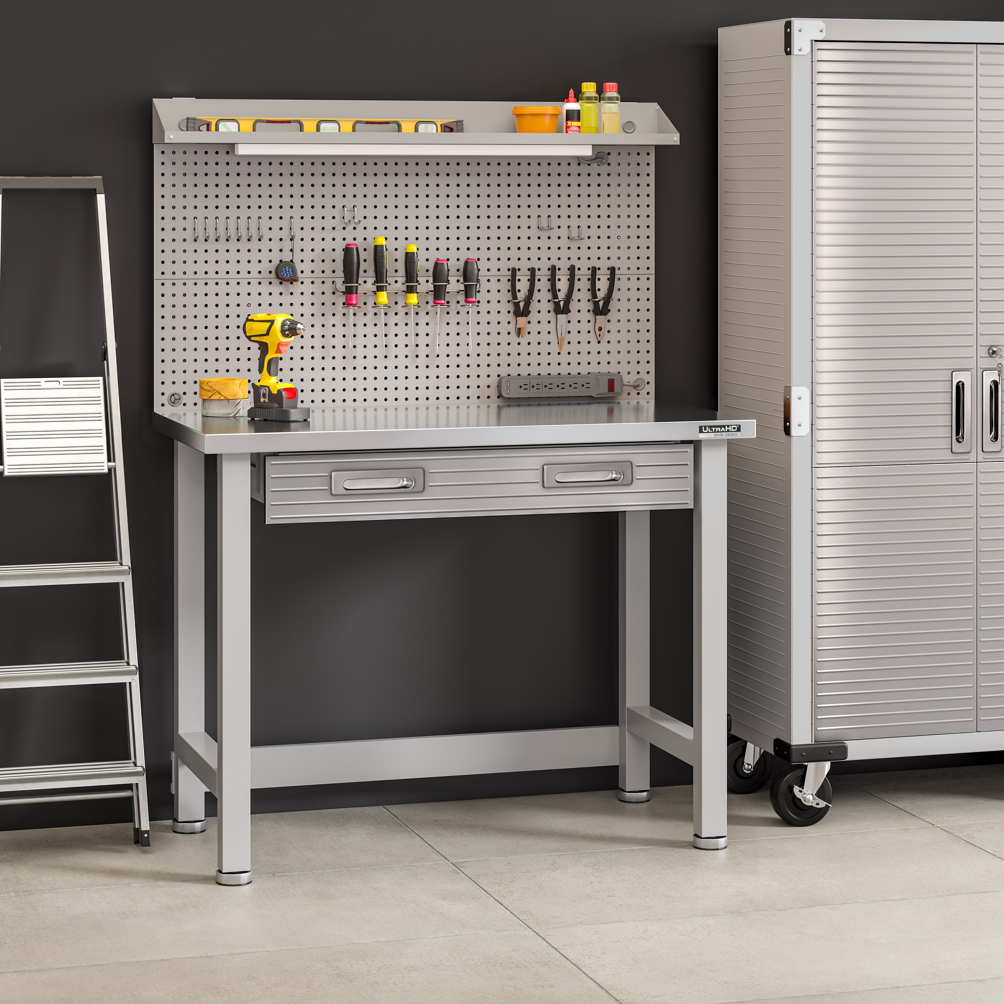UltraHD® Lighted Workbench with Stainless Steel Top & Pegboard - Perfect for Garage, Workshop, and DIY Projects