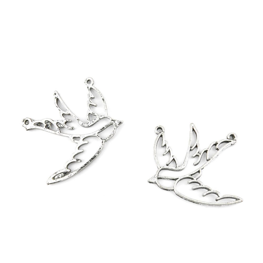 Antique Silver Tone Hollow Swallow Charms - Bulk Jewelry Making Supplies for DIY Necklaces, Bracelets, and Earrings | Wholesale Craft Findings (37773)