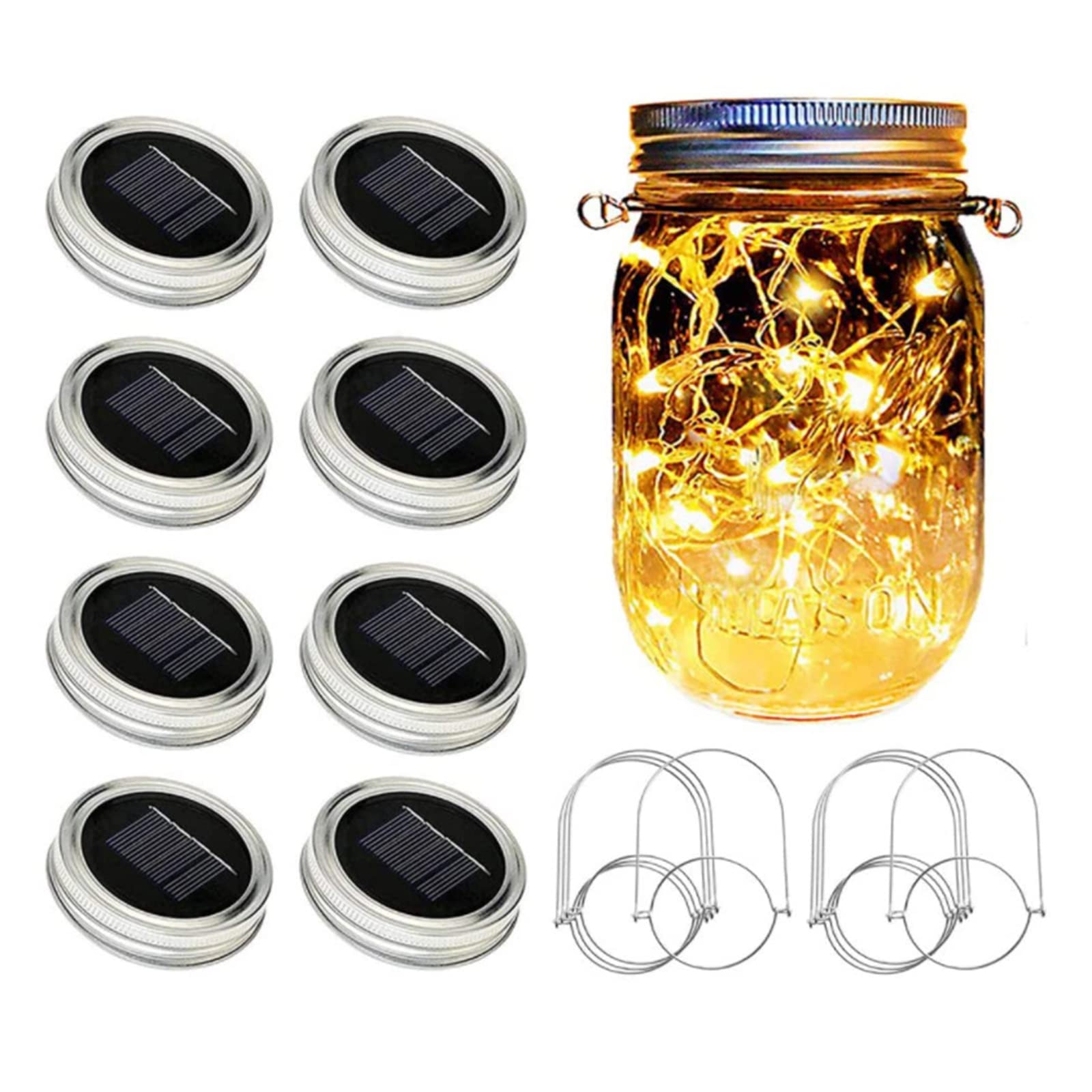 8 Pack Solar Mason Jar Lid String Lights - Waterproof Fairy Lights with 8 Hangers (No Jars Included) for Patio, Garden, Wedding & Lantern Decor - Perfect for Outdoor, Backyard, Party and Romantic Ambiance Lighting