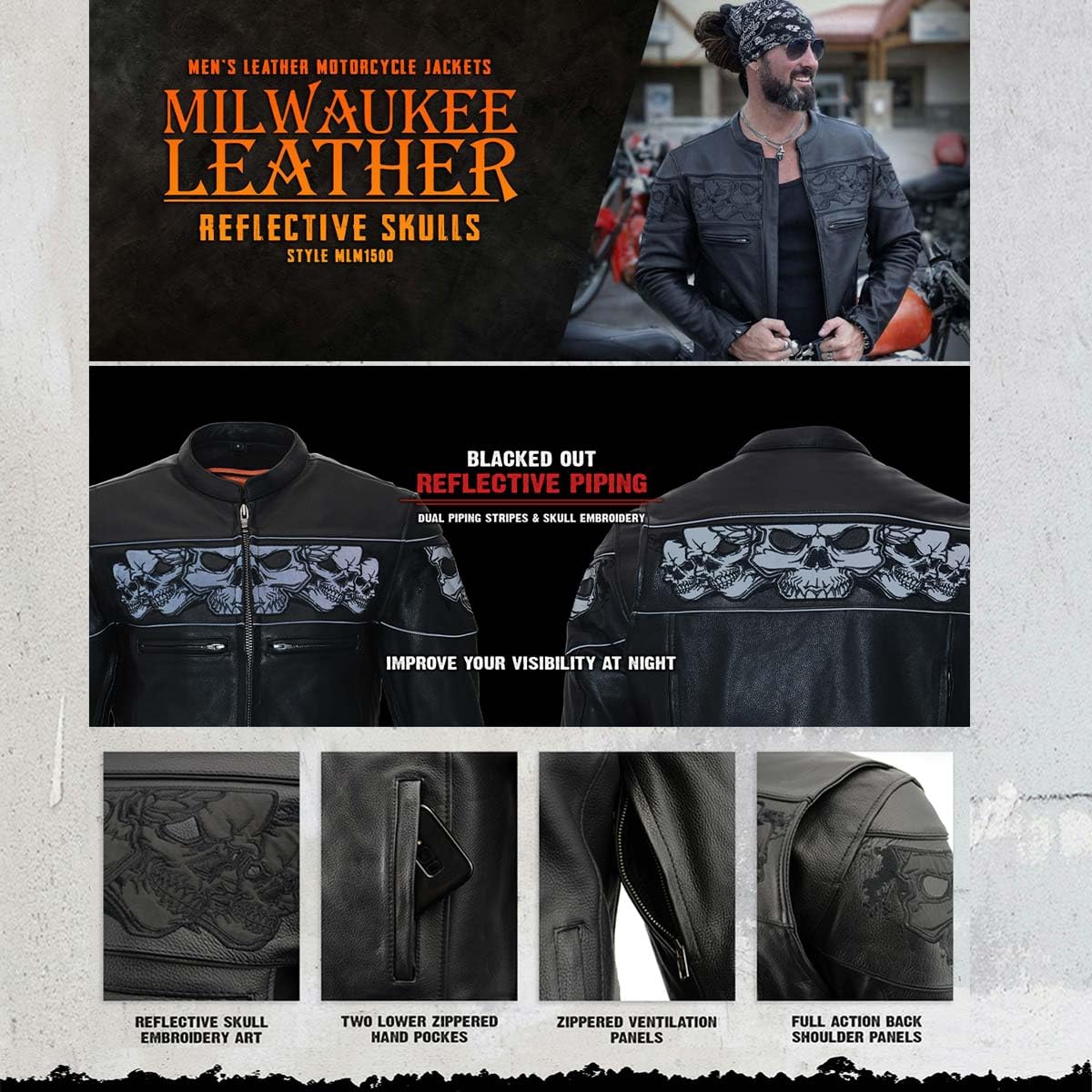 Milwaukee Leather MLM1500 Men's Black Crossover Leather Scooter Jacket with Reflective Skulls - Perfect for Motorcycle Riding, Urban Commuting & Nighttime Safety