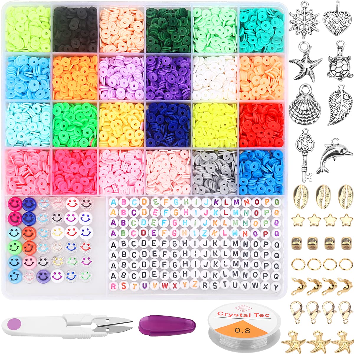 5000 Pcs Polymer Clay Beads for Jewelry Making - 24 Colors Flat Thin Heishi Spacer Beads with Smiley Face & Letter Charms - DIY Bracelet Kit for Teens, Adults - Perfect for Friendship Bracelets, Boho Jewelry & Craft Projects