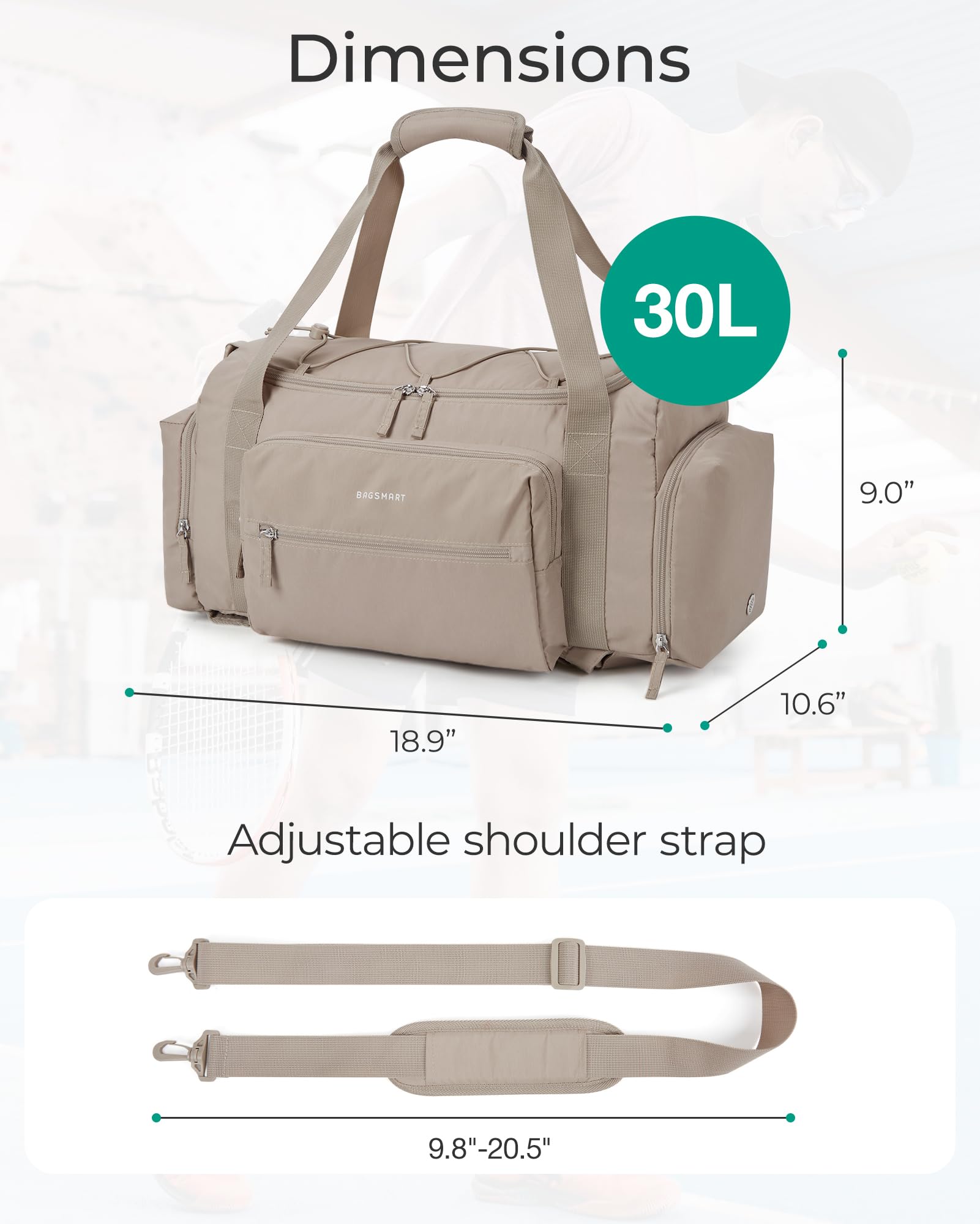 BAGSMART 4-in-1 Gym Bag for Women - Lightweight TSA Approved Duffle Bag with Shoe Compartment & Wet Pocket - 30L Water Resistant Carry On Weekender Bag & Backpack in Camel Color - Perfect for Gym, Travel, Workout & Weekend Getaways