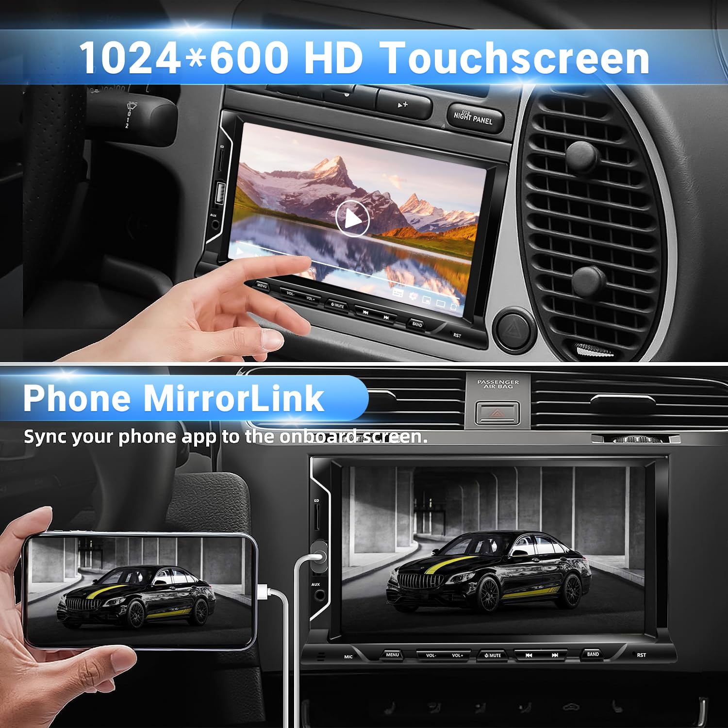 7 Inch Double Din Car Stereo with Apple CarPlay & Android Auto - Bluetooth 5.0, FM Radio, USB/TF/AUX Ports, Backup Camera & Remote Control - Capacitive Touchscreen for Seamless Connectivity - Perfect for Road Trips, Commuting & Hands-Free Driving