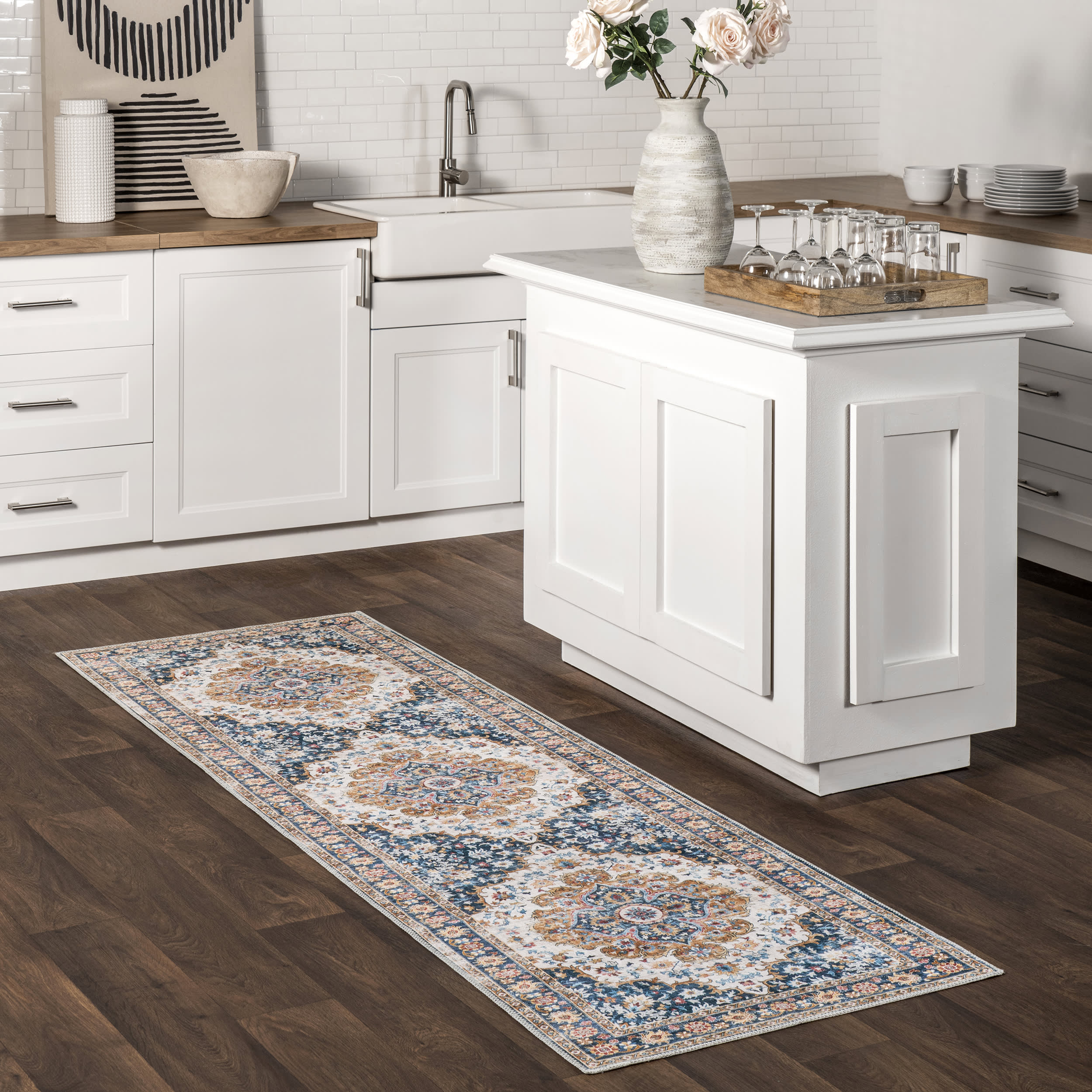 Dita Spill Proof Washable Rug - Blue Multicolor Non-Slip Area Rug for Living Room, Bedroom & Nursery | Easy Clean Stain Resistant Floor Mat for Kids & Pets
