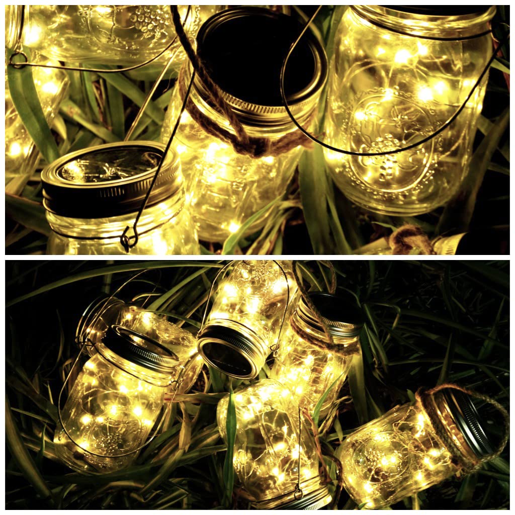 10 Pack Solar Mason Jar Light Lids - 20 LED Fairy String Lights with Hangers, Waterproof & Rust-Resistant for Outdoor Decor - Perfect for Patio, Lawn, Garden, Wedding & Lantern Lighting (Warm White)