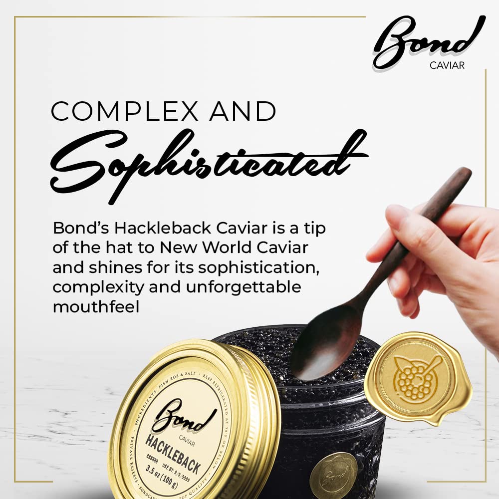 Premium Bond American Hackleback Caviar - World-Renowned Small Black Pearls, Malossol-Cured with Sea Salt - 3.5oz (100g) Glass Jar - Luxury Gourmet Gift for Weddings, Parties & Special Occasions - Perfect for Canapés, Blinis & Fine Dining Experiences