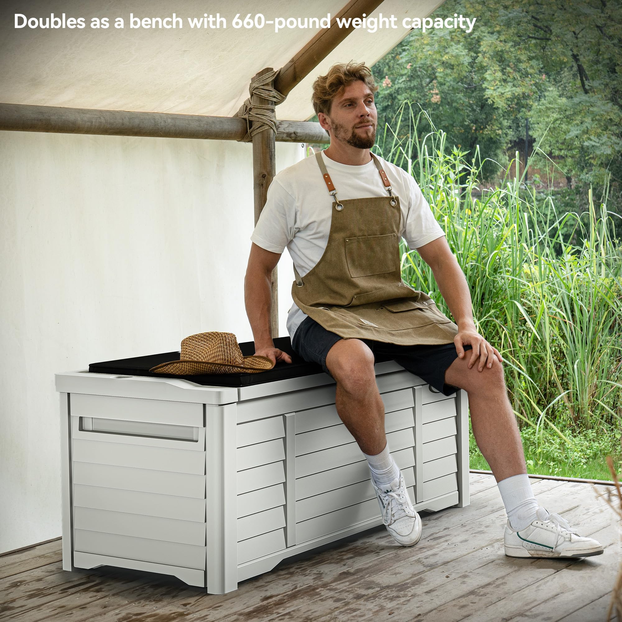 DWVO 120 Gallon Outdoor Louver Storage Deck Box with Seating Cushion - Large Waterproof Resin Deck Storage Box for Patio Furniture, Garden Tools, Pool Toys & Outdoor Accessories - Lockable Design (White) - Perfect for Backyard, Poolside & Deck Organization