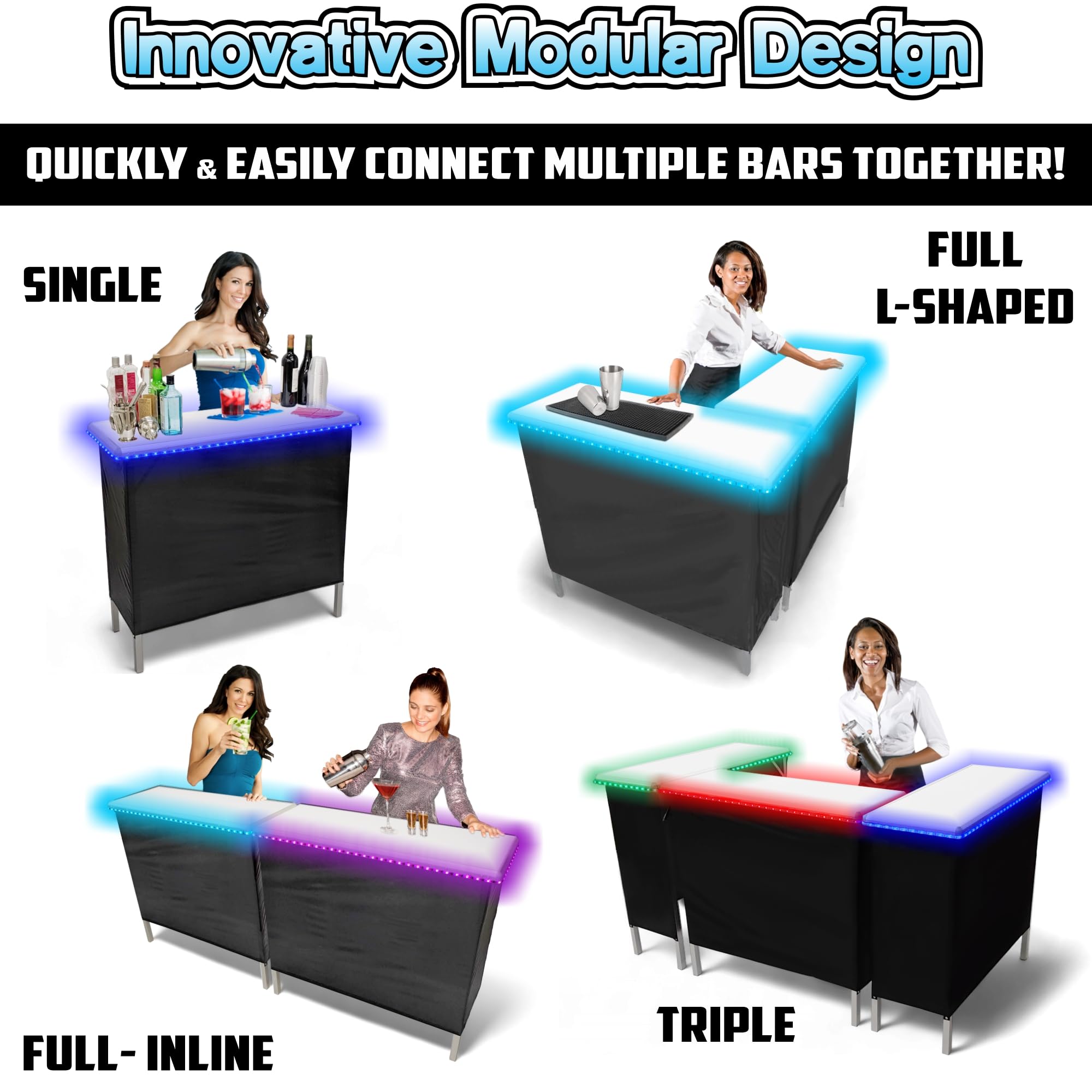 PARTYPONG Folding Portable Triple Bar with LED Lights - Wireless Remote Control, 2 Bar Skirts, Storage Shelf & Carrying Case - White | Perfect for Home Parties, Outdoor Events & Tailgating