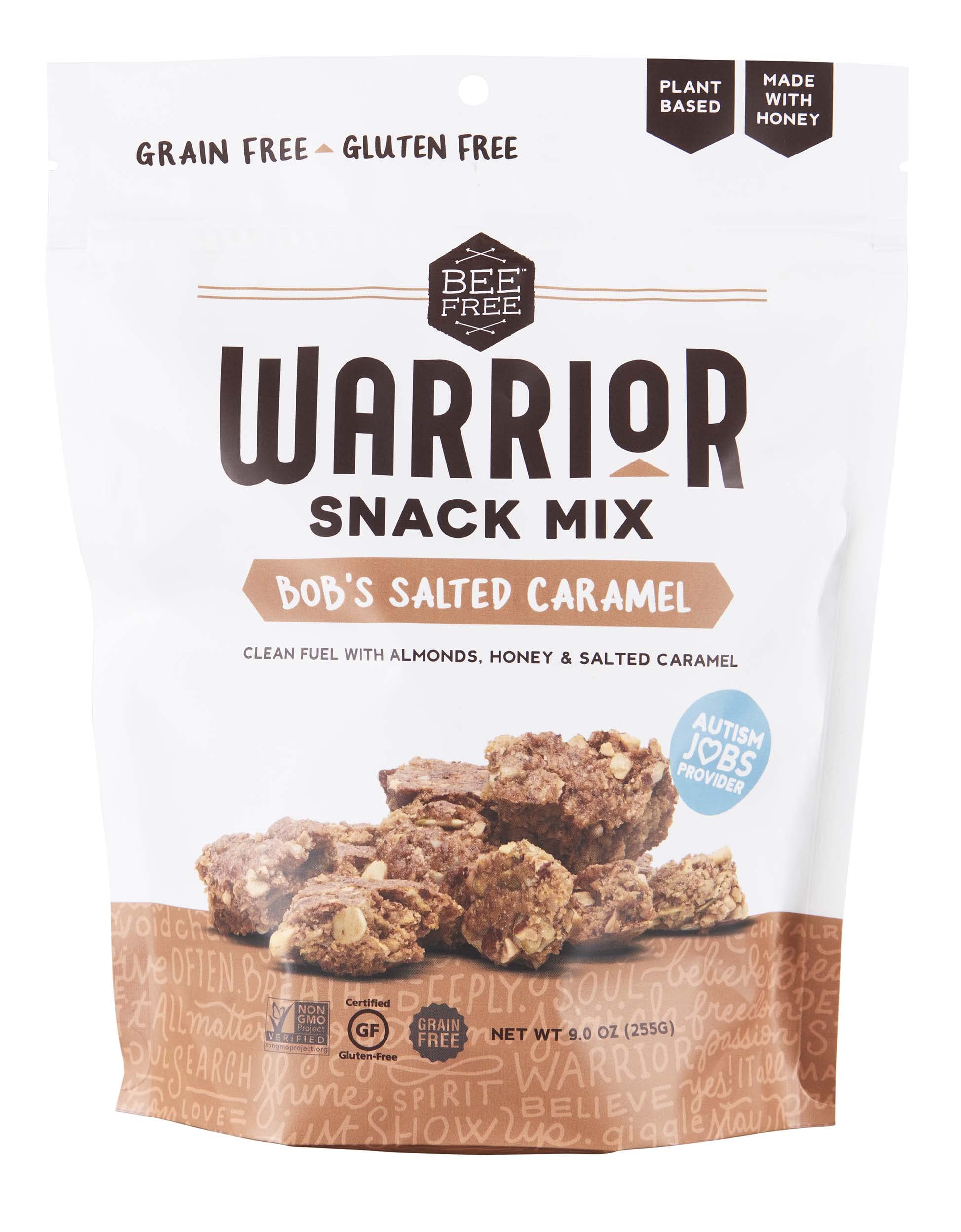 BeeFree Warrior Mix Gluten Free Granola - Chunky Paleo Granola Bites | Low Carb, Grain Free, Oat Free, Preservative Free Snack | High Protein Yogurt Topping & Healthy On-the-Go Snack | Bob's Salted Caramel Flavor, 9 Ounce Bag