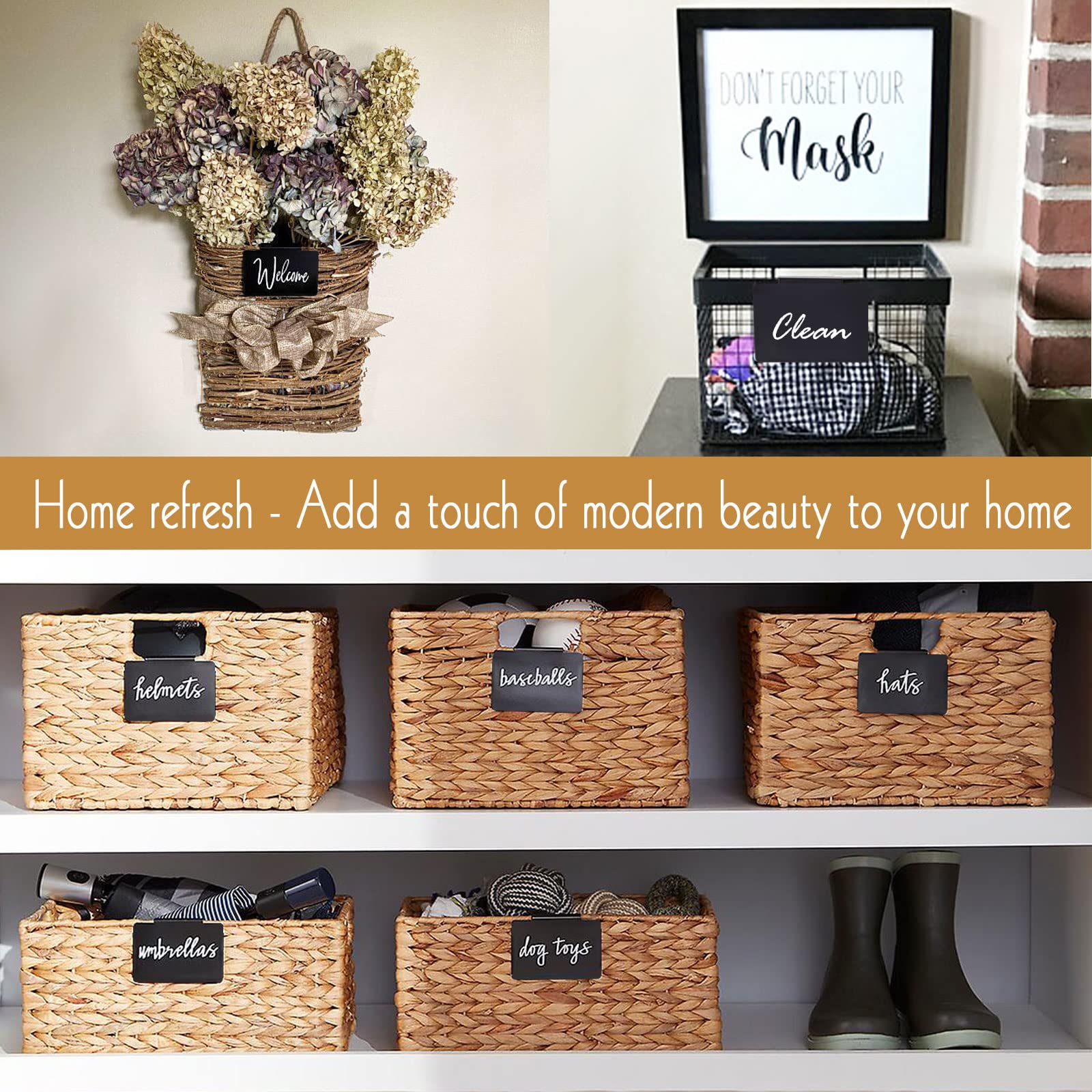 Removable Metal Basket Label Clips with Chalk Markers - 18 Black Pantry Organizer Holders + 4 White Chalk Pens for Storage Fabric Bins & Boxes | Perfect for Kitchen Pantry Organization, Laundry Room Storage & Home Office Supplies