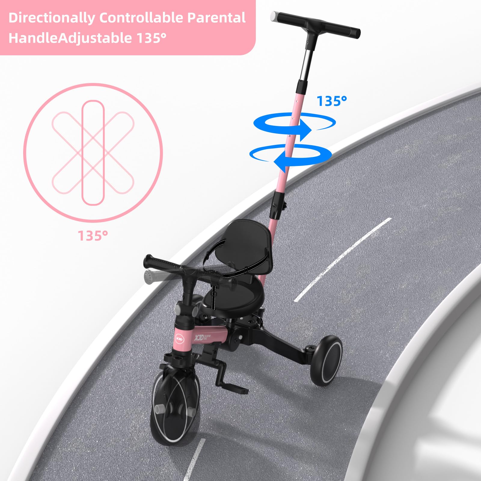 XJD 6-in-1 Foldable Toddler Tricycle with Push Handle - Adjustable Balance Bike for 1-4 Year Olds | Removable Pedals, Backrest & Height Adjustable Seat | Perfect First Birthday Gift (Pink) | Ideal for Indoor Play, Outdoor Learning & Developing Motor Skills