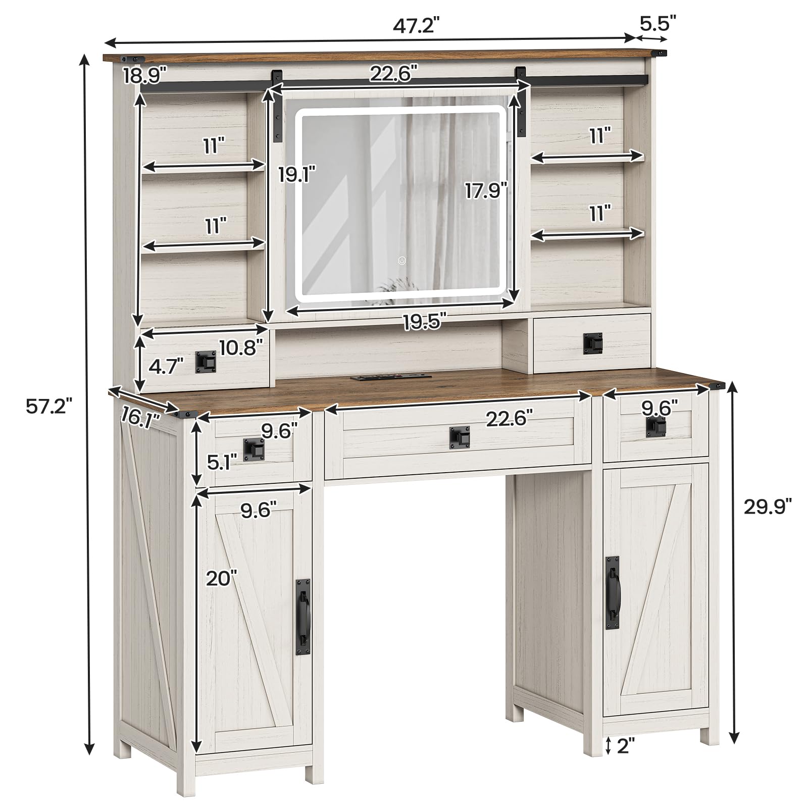 AOGLLATI Farmhouse Vanity Desk with Mirror & LED Lights - Large White Makeup Vanity Table with USB Charging Station, Ample Storage & Sliding Mirror - Perfect for Bedroom, Dressing Room & Bridal Makeup (Antique White)