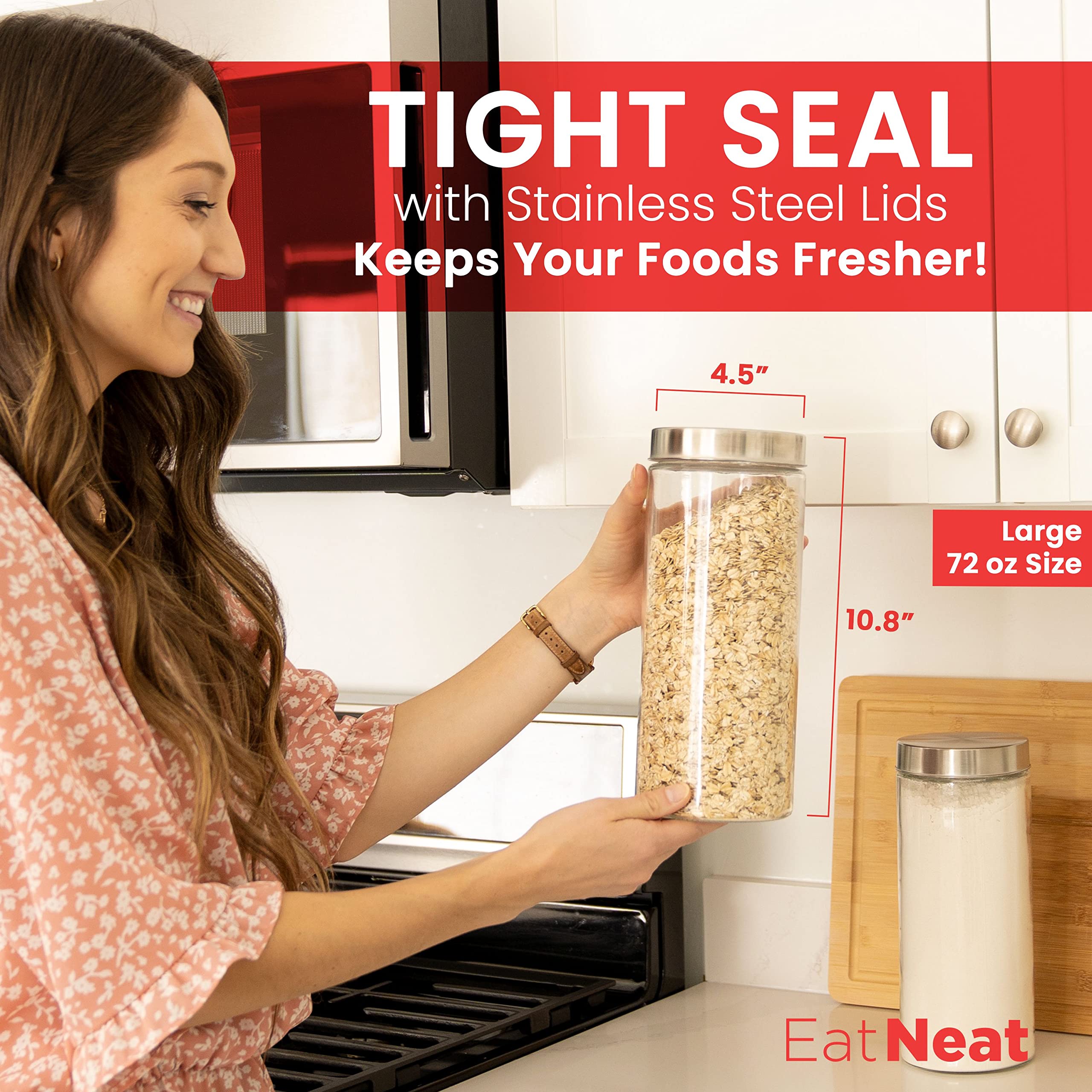 EatNeat 6-Piece Glass Canisters Set with Airtight Stainless Steel Lids - Tall Pantry Storage Jars for Flour, Sugar, Coffee & Kitchen Organization - Perfect for Baking, Meal Prep & Home Decor