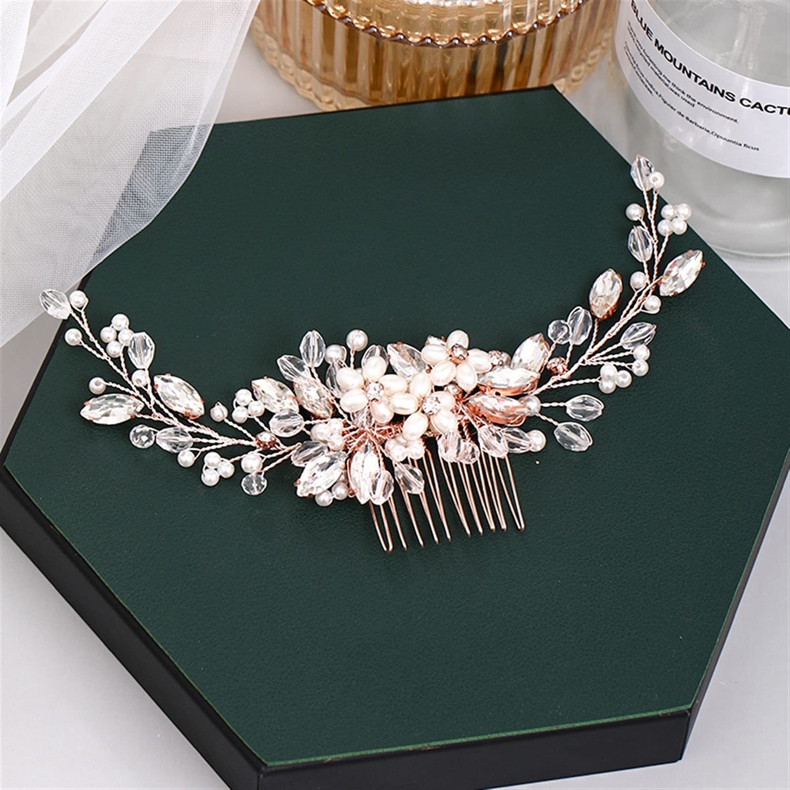 Elegant Rose Gold Wedding Hair Comb with Pearl & Rhinestone - Handmade Bridal Tiara Headdress for Bride, Prom, and Special Occasions | Perfect for Weddings, Parties, and Formal Events