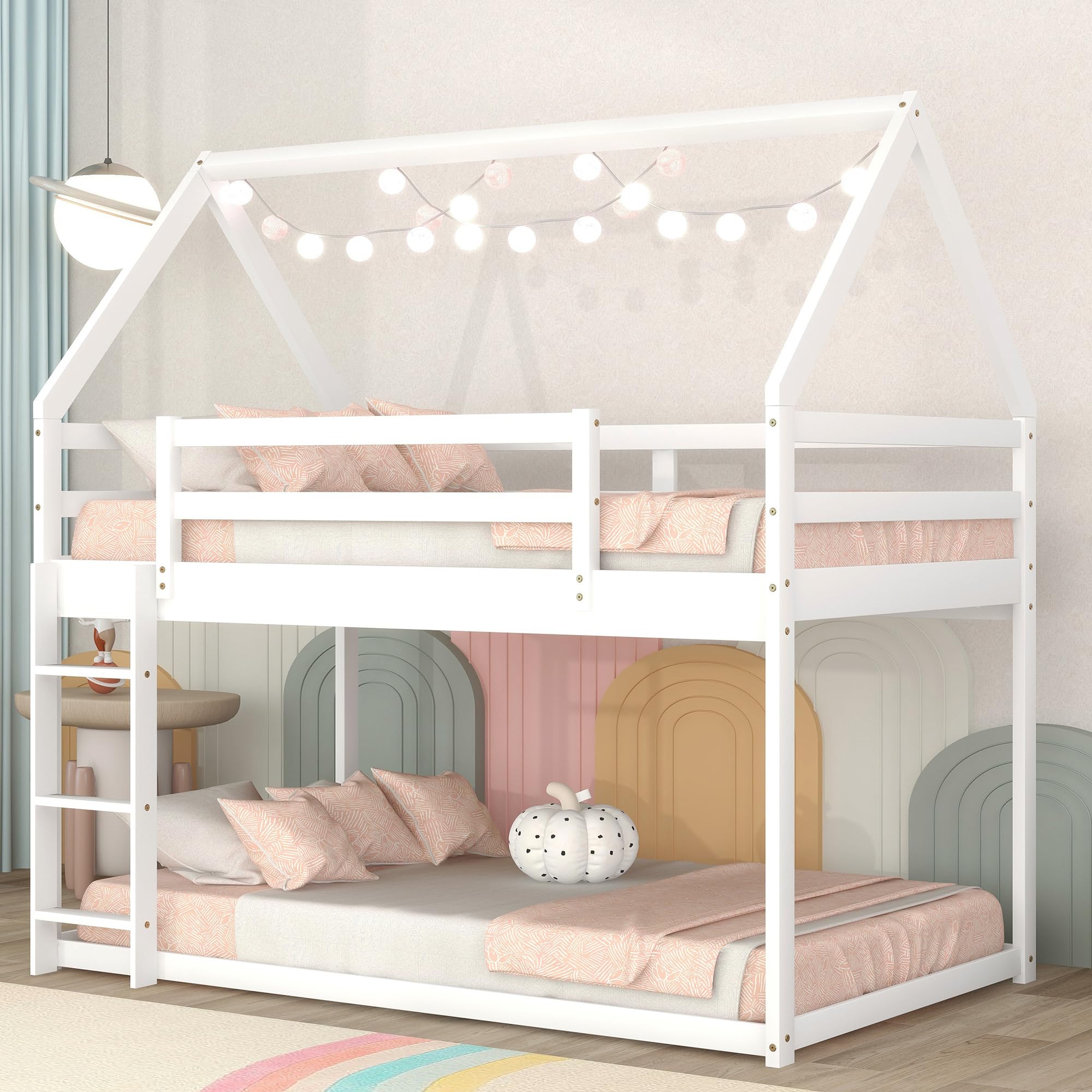 Bellemave Twin Over Twin Kids Bunk Bed with Ladder & Guardrails - Solid Wood Low Profile Floor Bunk Bed for Boys & Girls - Space Saving Twin Size Bunk Bed for Small Rooms, Dorms, or Shared Kids Bedrooms - White