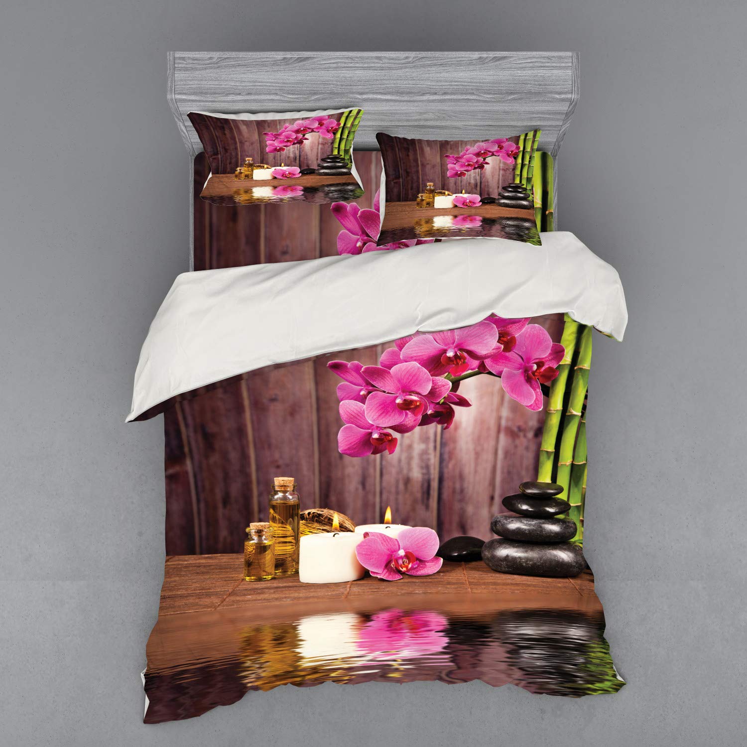 Ambesonne Orchid Duvet Cover Set - Modern Bohemian Floral Print with Candles & Stones - 3 Piece Queen Size Bedding Set (Duvet Cover, Sham, Fitted Sheet) in Umber Green & Pink - Perfect for Boho Chic Bedroom Decor & Cozy Home Styling