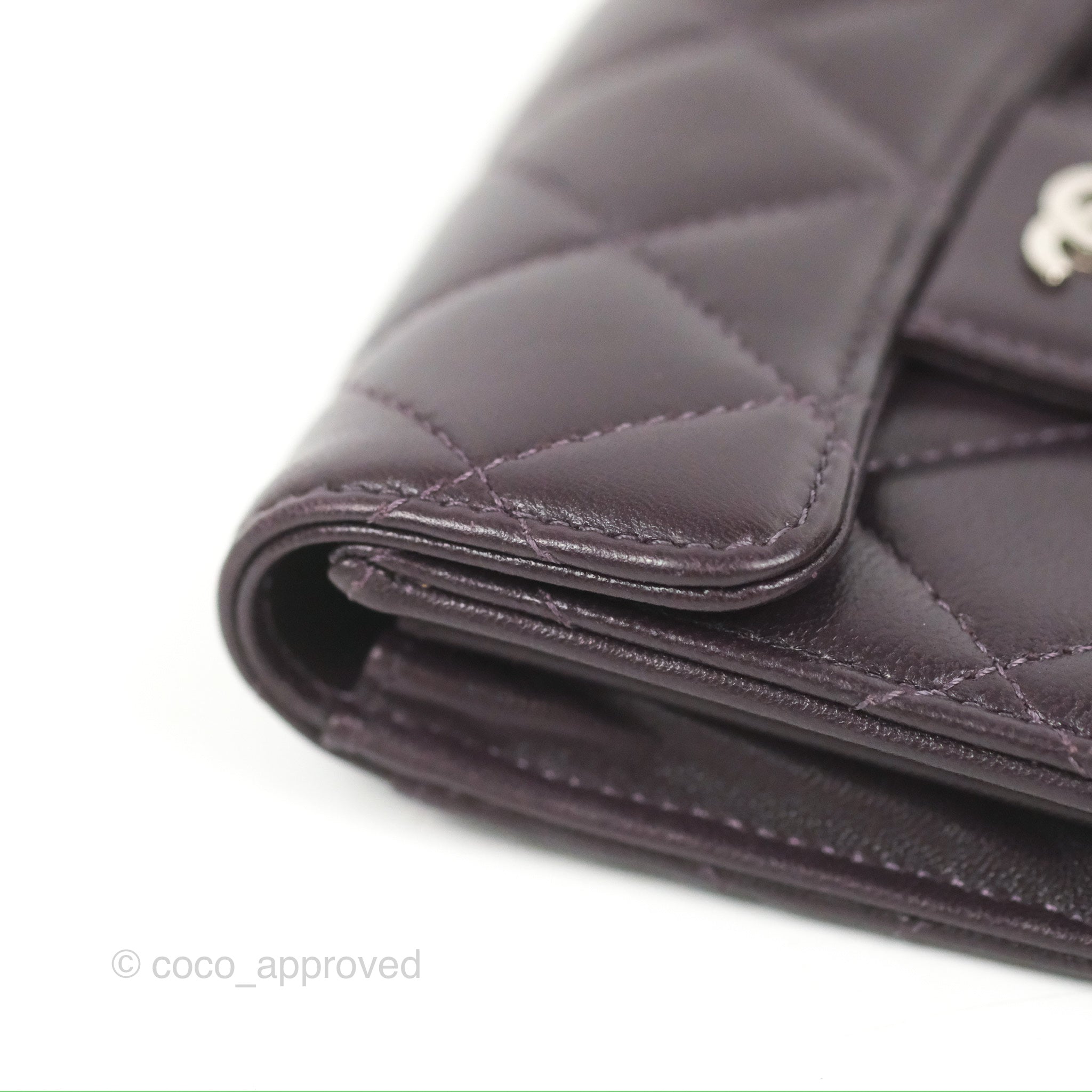 Chanel Classic Flap Coin Purse - Dark Purple Lambskin Leather with Silver Hardware | Luxury Small Wallet for Women, Perfect for Parties & Evening Events