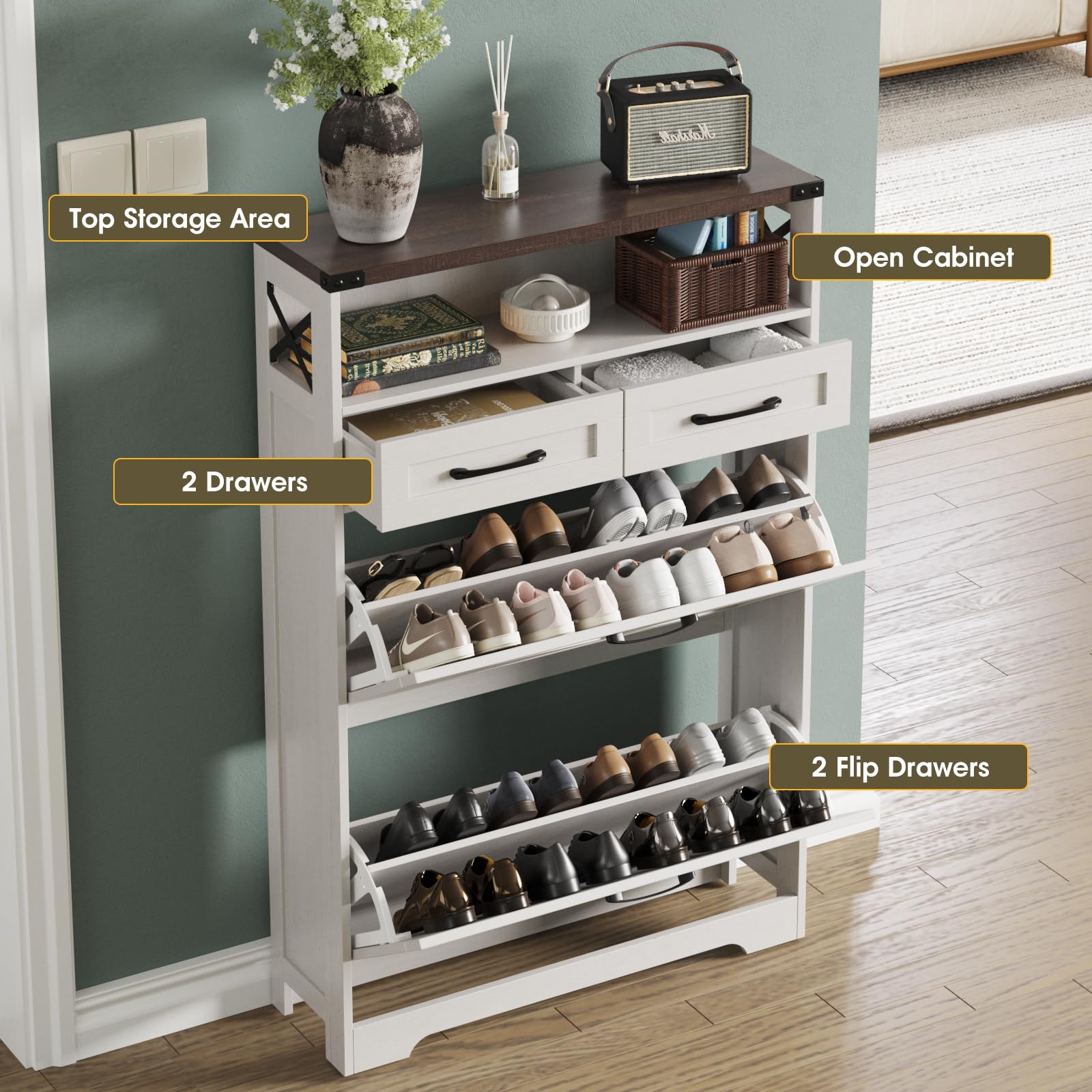 Maupvit Farmhouse Shoe Storage Cabinet - 2 Flip Drawers & 2 Drawers with Doors and Shelves - Entryway Shoe Organizer for Front Door - Narrow Shoe Rack for Small Spaces - Perfect for Hallway, Closet or Mudroom Organization - White