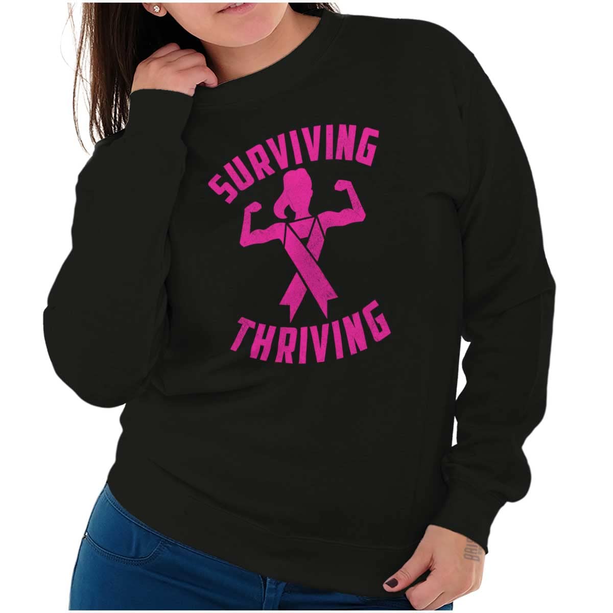 Breast Cancer Survivor & Thriving Women's Crewneck Sweatshirt - Inspirational Comfort Wear for Cancer Awareness, Support Groups and Everyday Empowerment