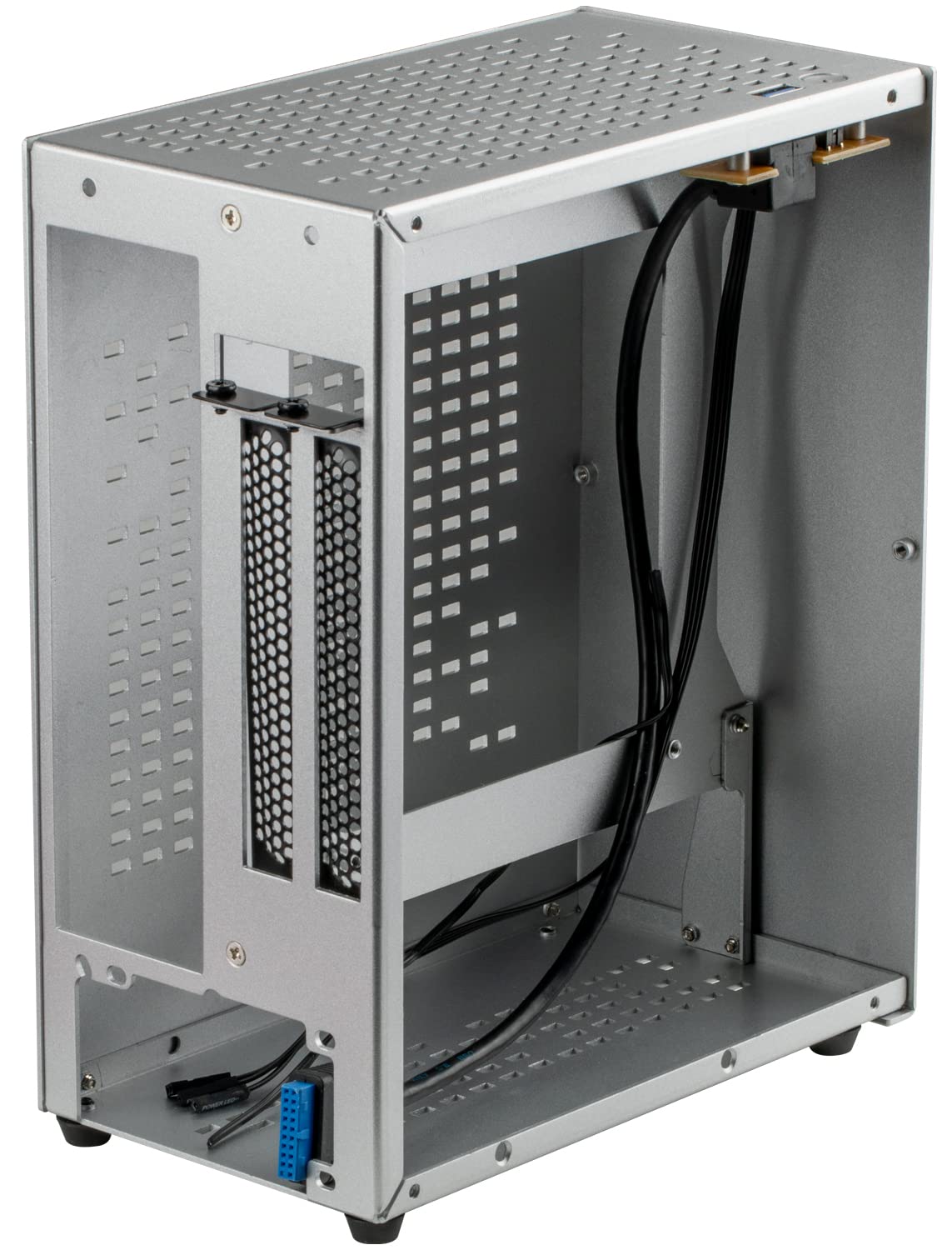JOYJOM Aluminum Mini ITX PC Case - Compact SFF Gaming Case with PCIe Riser, Supports GPU Graphics Card (Silver) - Perfect for Small Space Gaming Setups & Home Theater PCs