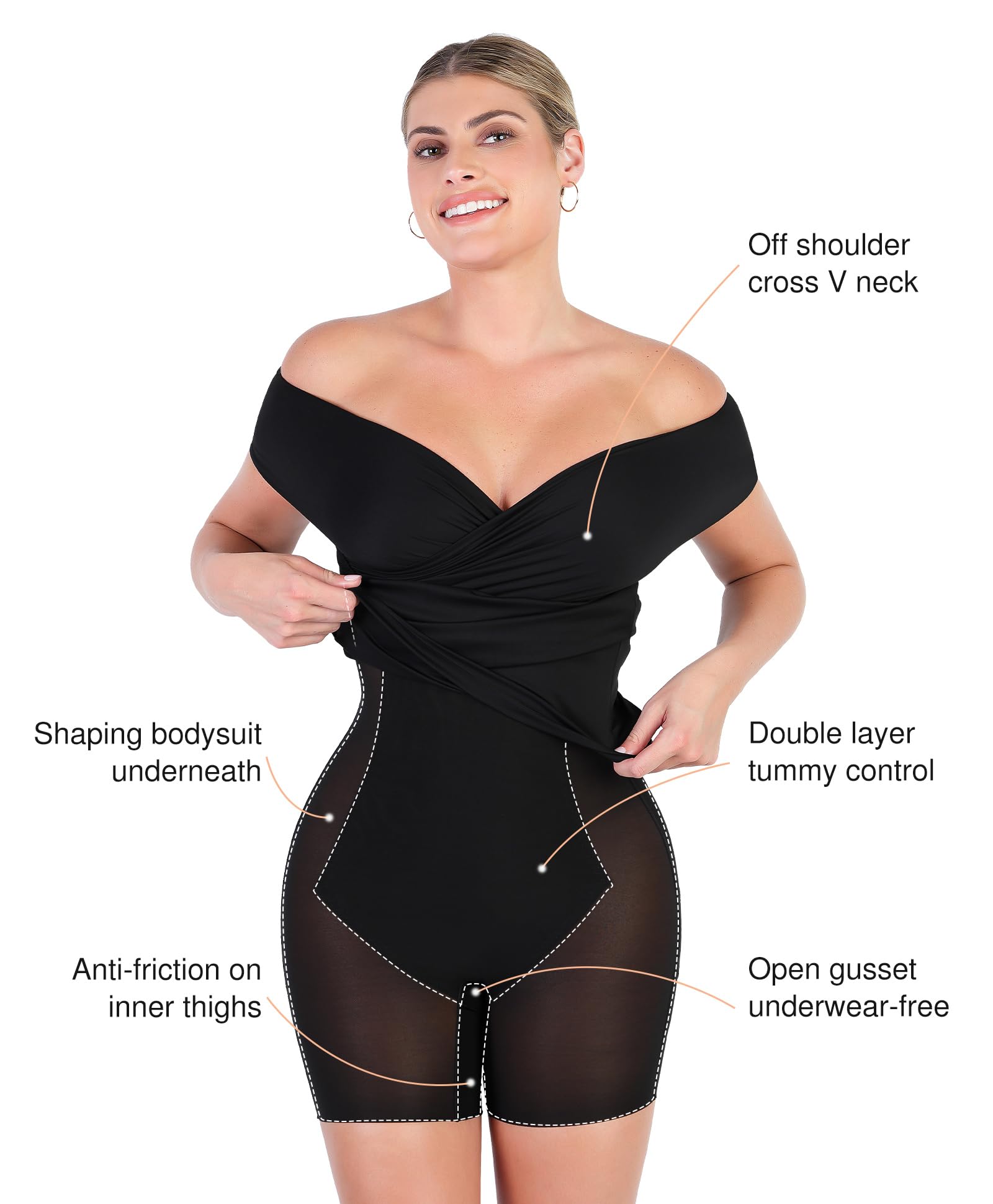 Popilush Women's Off Shoulder Cocktail Dress with Tummy Control Shapewear - Wrap V-Neck Midi Dress for Wedding Guest, Party & Formal Occasions