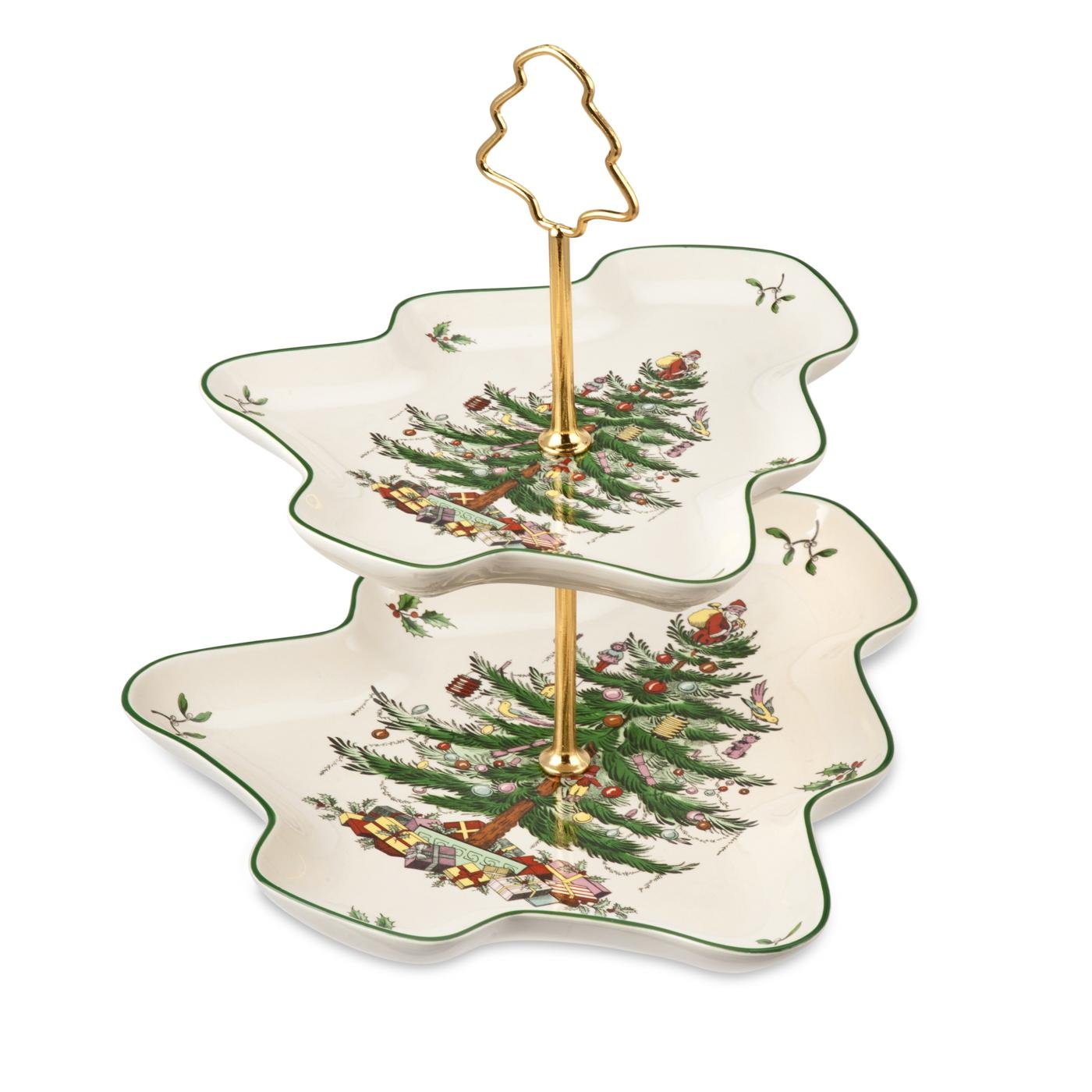Spode Christmas Tree 2-Tiered Porcelain Server - Holiday Cupcake Stand & Dessert Display Set with 10