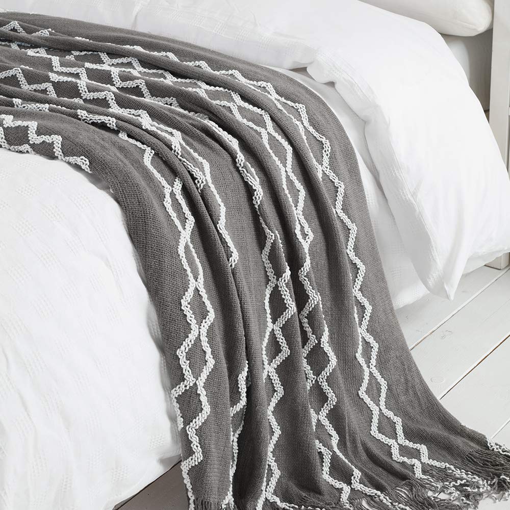 BOURINA Fluffy Chenille Knitted Fringe Throw Blanket - Lightweight Soft Cozy Bed Sofa Chair Blanket - 60