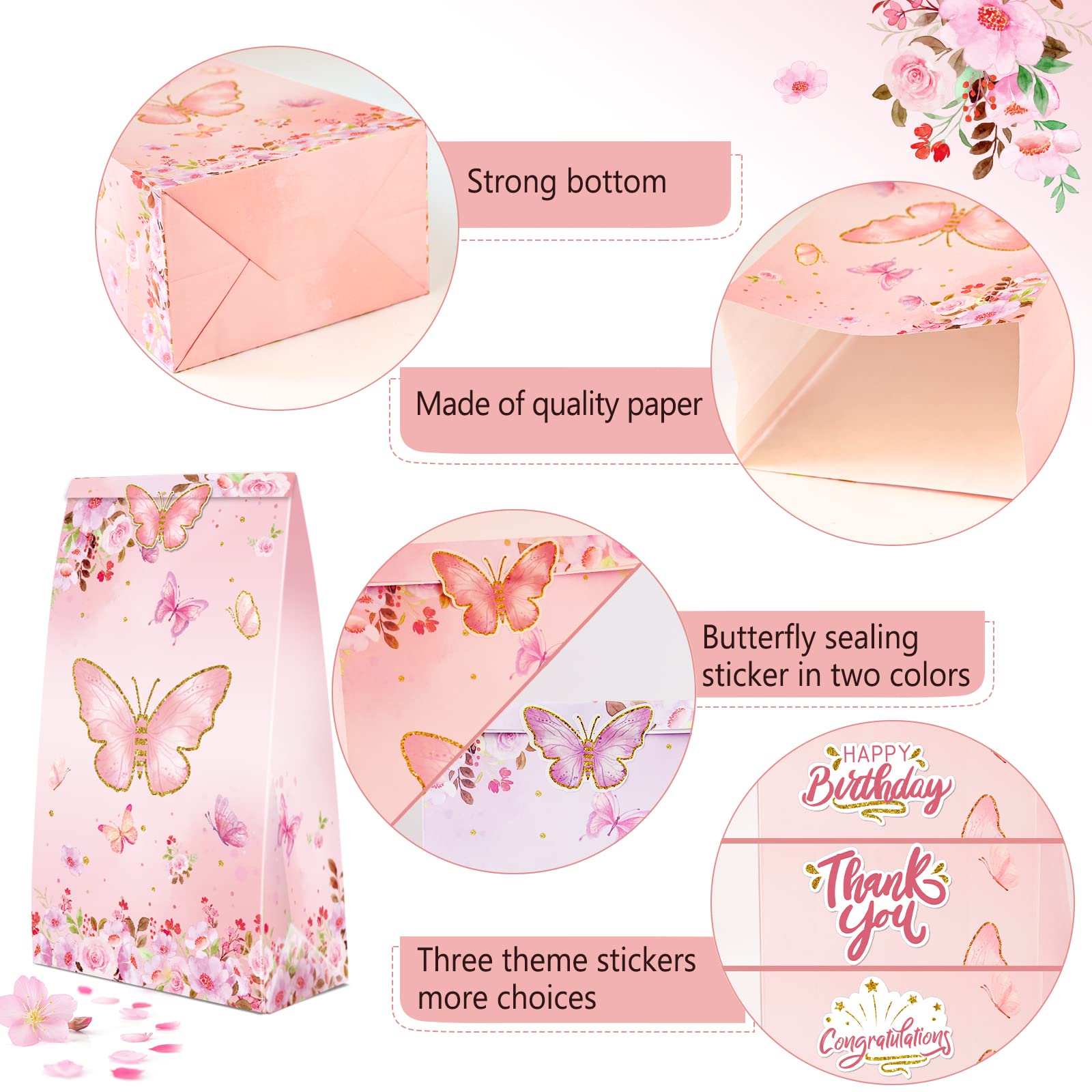 24-Piece LWBDD Butterfly Candy Gift Bags - Pink & Purple Rainbow Party Decorations with 24 Stickers | Perfect for Birthday Parties, Valentine's Day, Easter & Baby Showers | Reusable Paper Favor Bags for Kids & Adults