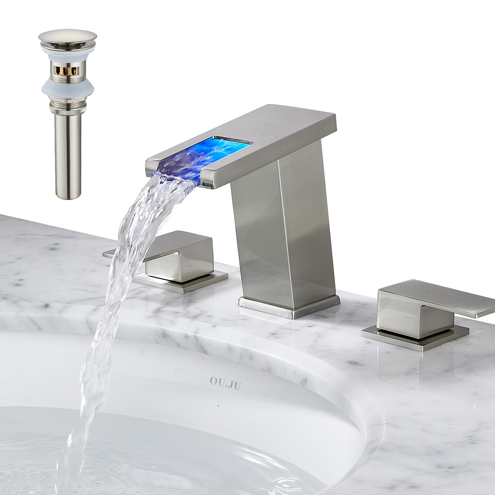 8 Inch Brushed Nickel LED Light Widespread Bathroom Faucet - Modern Waterfall Vanity Sink Faucet with Pop-Up Drain & Supply Hose - Perfect for Bathroom Renovation & Luxury Home Decor