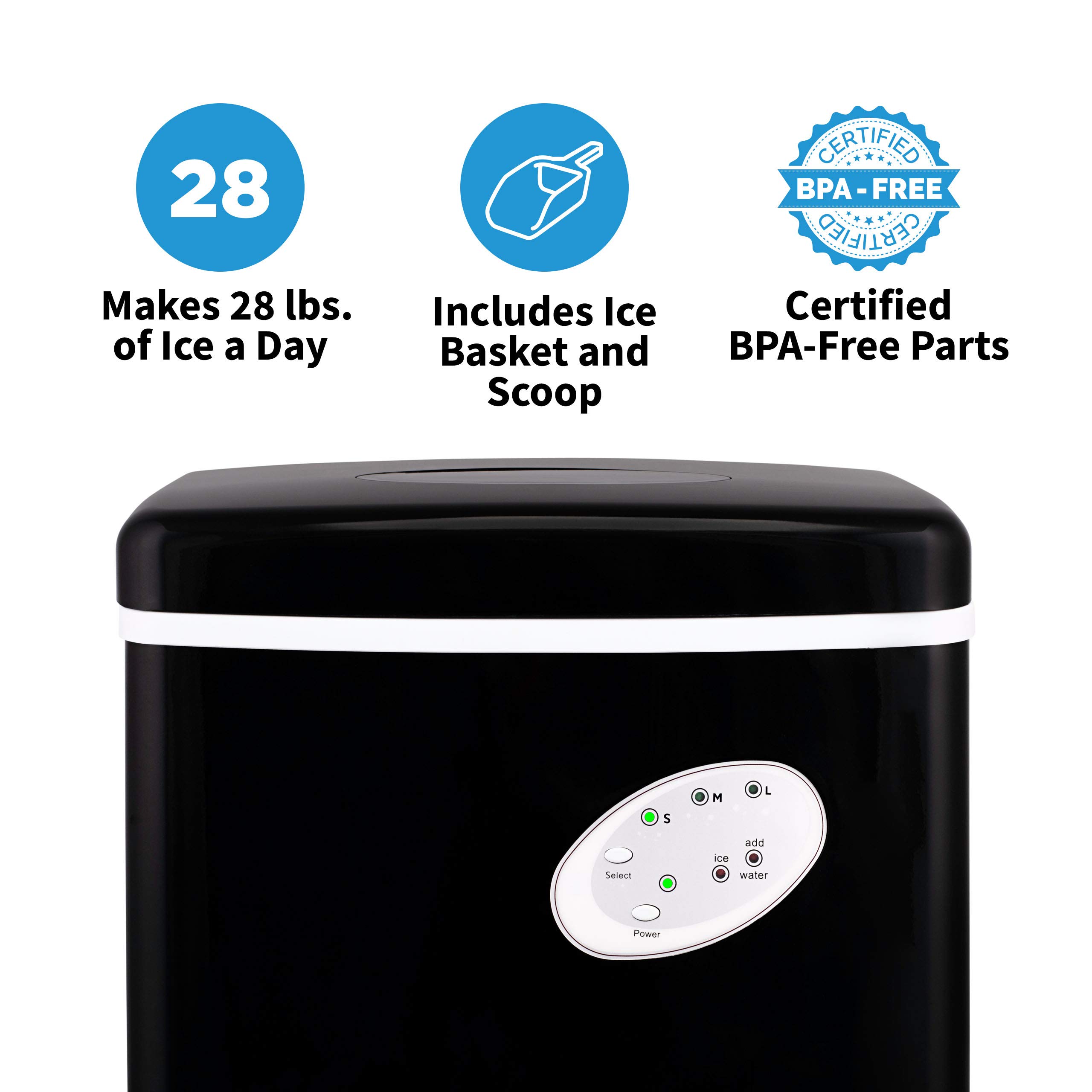 NewAir Black Countertop Ice Maker Machine - Compact Automatic Ice Cube Maker, Makes 28 lbs in 24 Hours, Ready in 6 Minutes - Perfect for Home, Kitchen, Office, Bar, Parties & Outdoor Events
