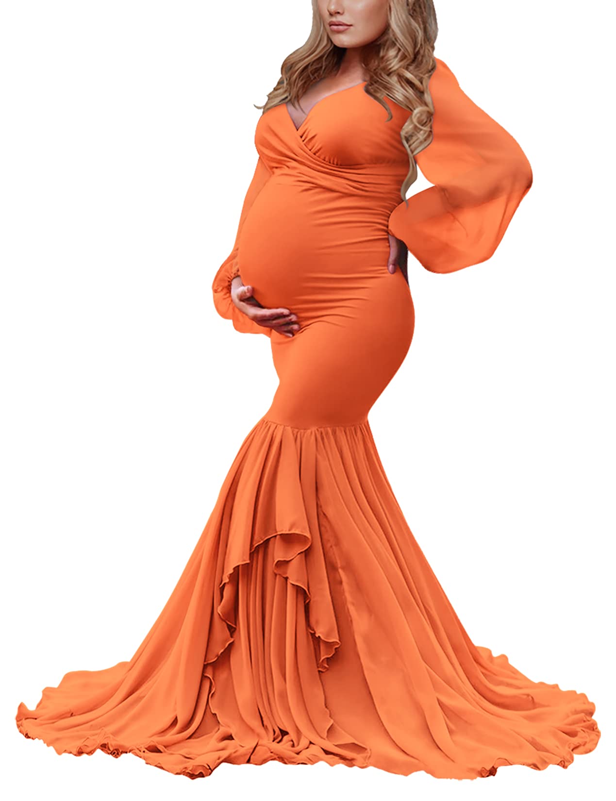 Saslax Elegant Long Chiffon Sleeve Mermaid Maternity Dress for Photoshoot, Baby Shower, Pregnancy Photos & Special Occasions - Comfortable & Stylish Pregnancy Gown for Expecting Mothers
