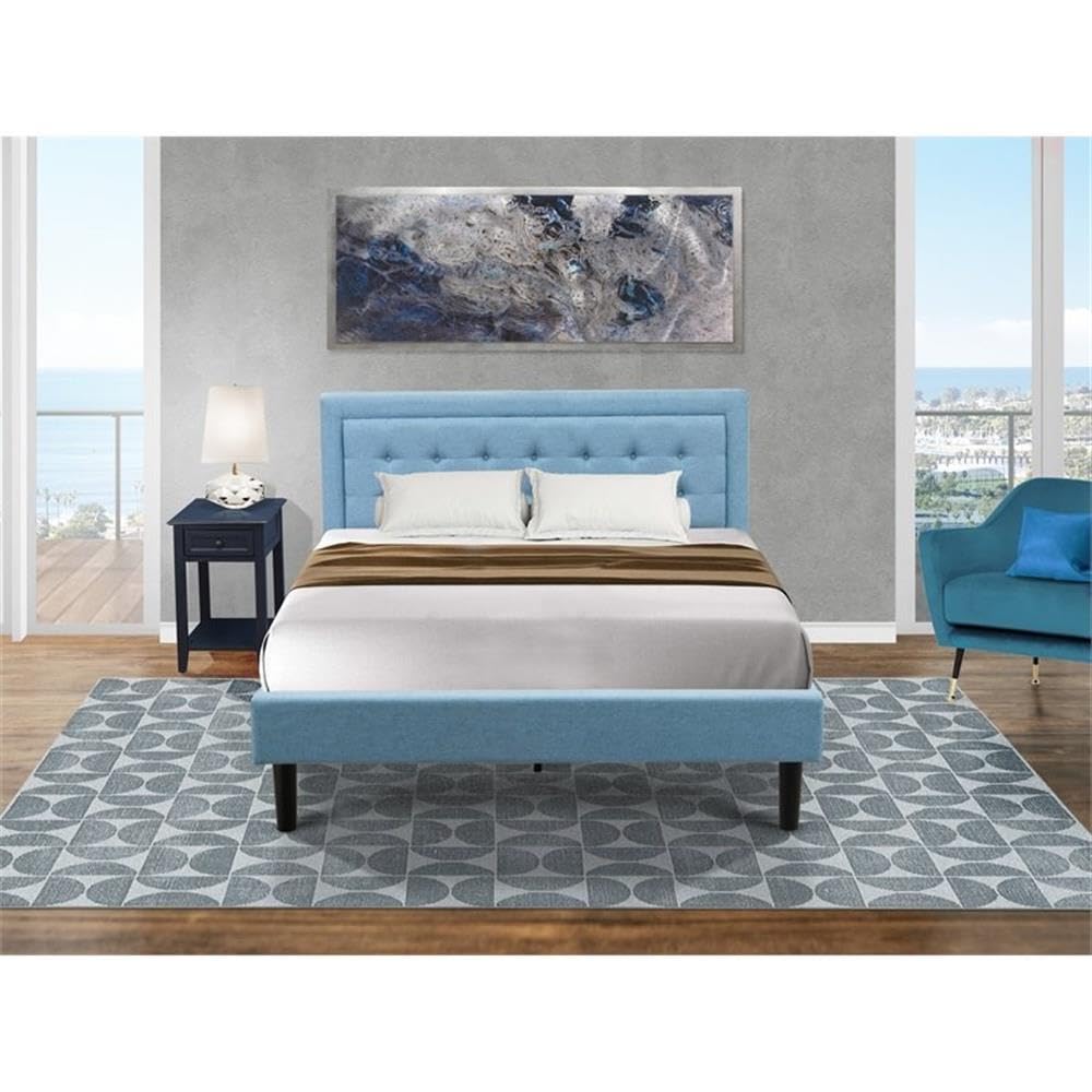 East West Furniture FN11Q-1DE15 2-Piece Queen Bedroom Set - Wood Bed Frame & Nightstand, Denim Blue Linen Fabric | Modern Bedroom Decor for Master Bedroom, Guest Room & Small Spaces