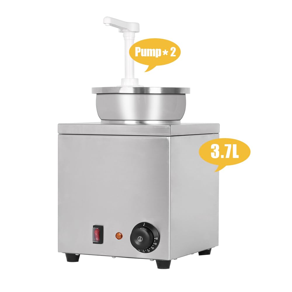Commercial 4Qt Stainless Steel Hot Fudge Warmer with Pump Dispenser - Perfect for Nacho Cheese, Chocolate Sauce & Caramel - Ideal for Restaurants, Snack Bars, Cupcake Shops & Coffee Stations