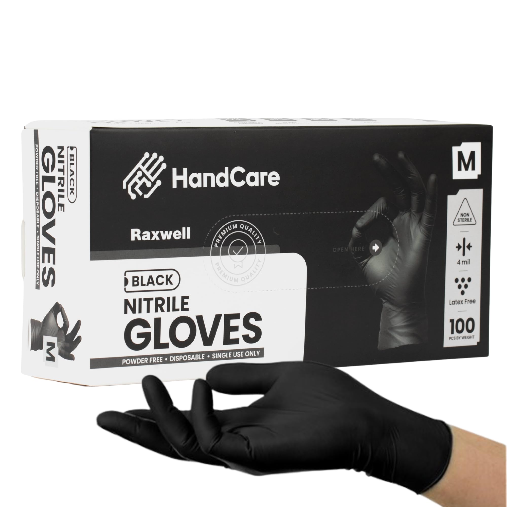 Black Disposable Nitrile Gloves 4 Mil - Heavy Duty Mechanic, Tattoo, Cleaning, Cooking & Medical Gloves for Food Prep, Healthcare & Industrial Use