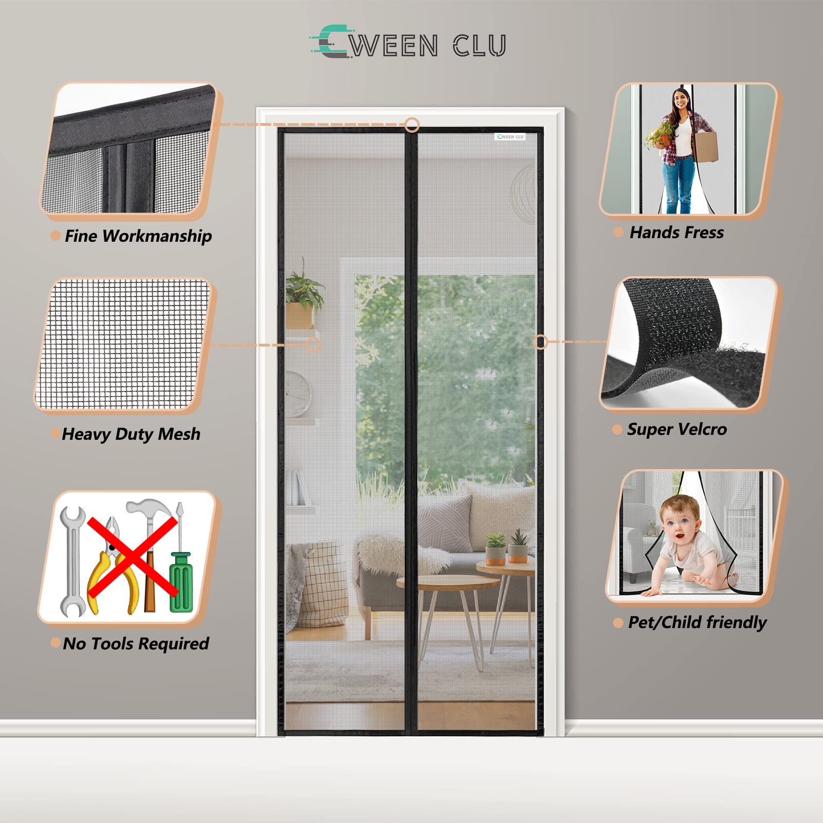 CWEEN CLU Magnetic Screen Door 95x200 cm - No Drill Installation, Black - Perfect for Balcony Doors, Patio Doors, French Doors - Keep Bugs Out While Enjoying Fresh Air