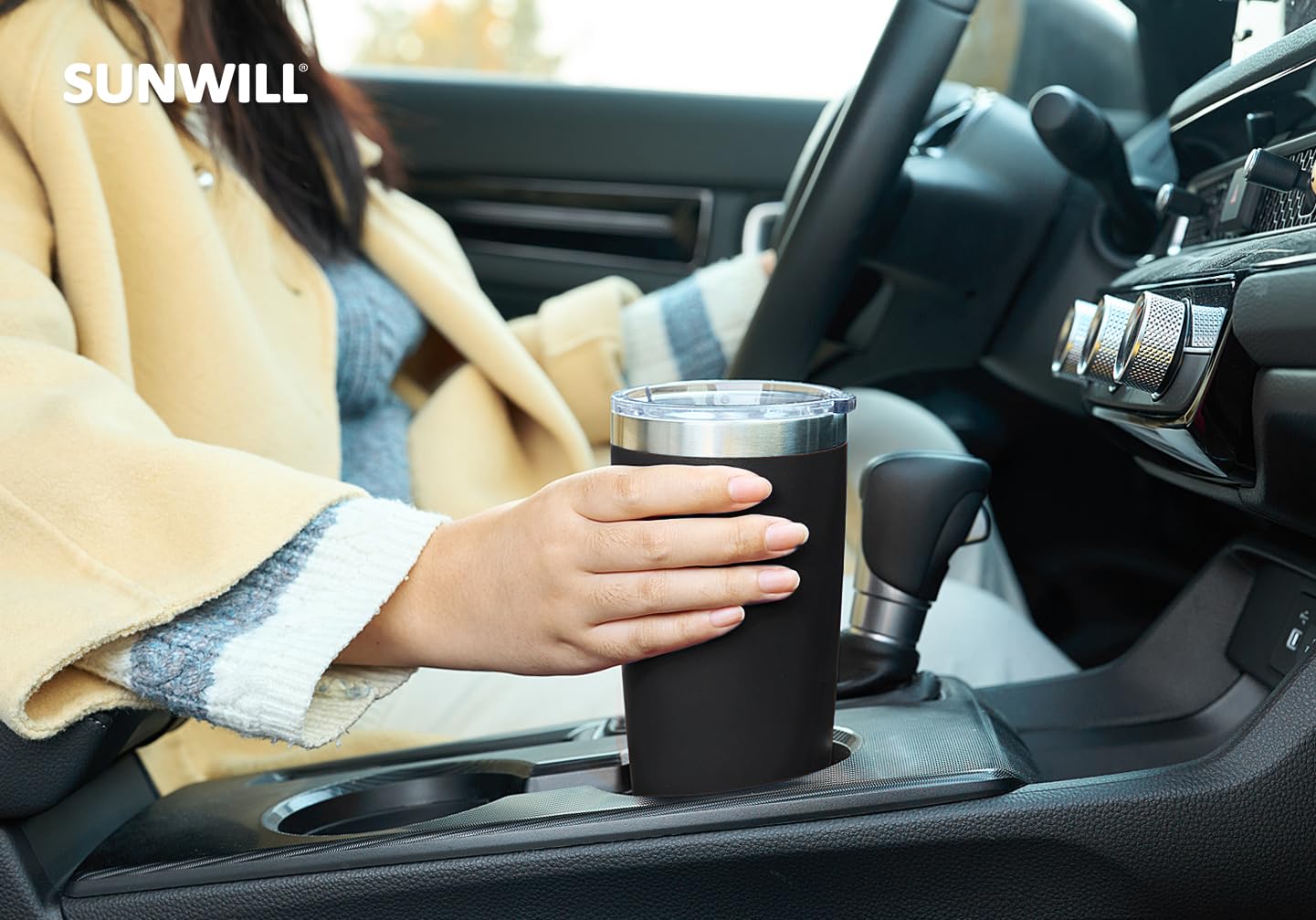 SUNWILL 20 oz Insulated Stainless Steel Travel Coffee Tumbler with Lid - Powder Coated Black - Leakproof Hot & Cold Mug for Camping, Office, Commute, and Outdoor Activities