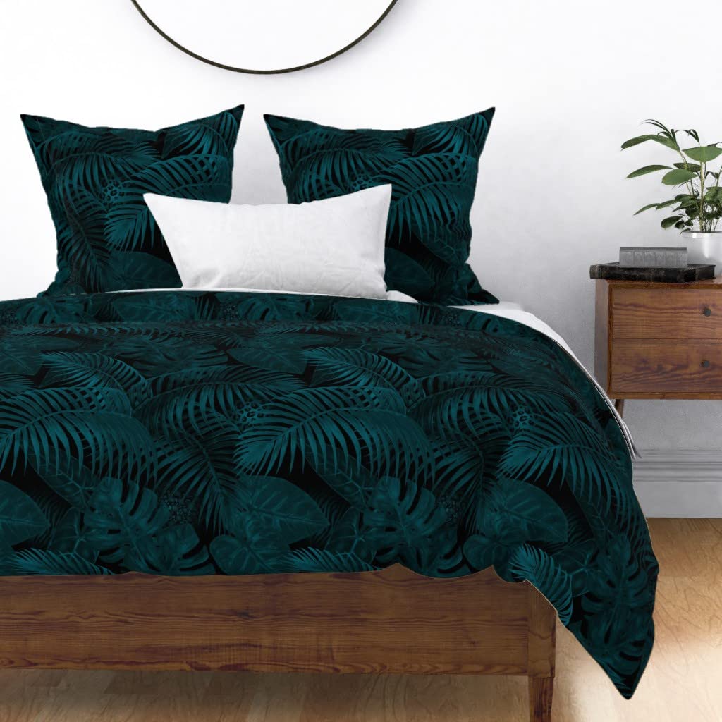 Custom Tropical Night Blue Jungle Watercolor Duvet Cover - Full/Queen Cotton Sateen Bedding Set | Dark Moody Print for Modern Bedroom Decor