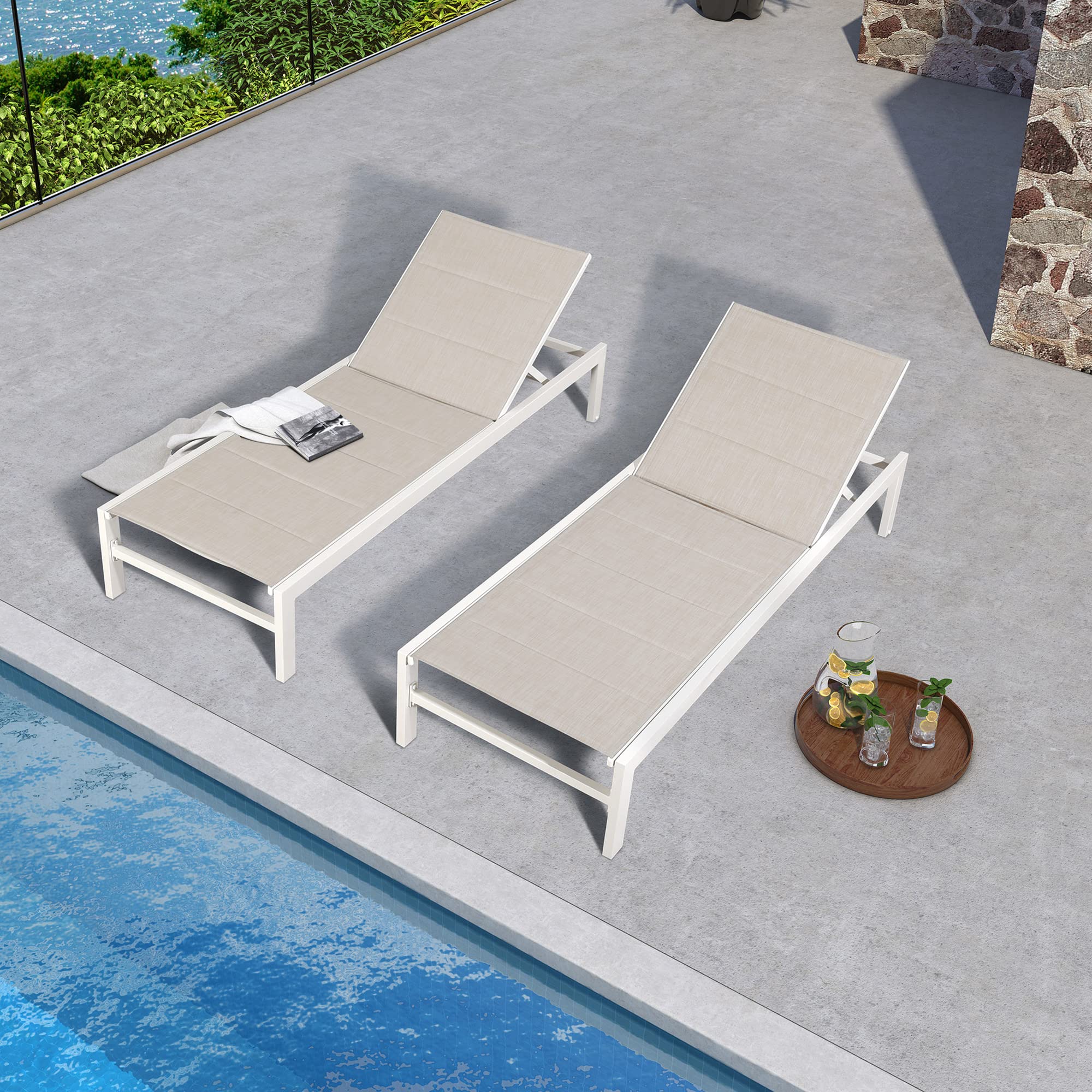 Ulax Outdoor Lounge Chair Set of 2 - Adjustable Aluminum Chaise Lounge with Wheels & Quick-Dry Foam Cushions - Patio, Poolside, Beach & Backyard Relaxation (Beige)