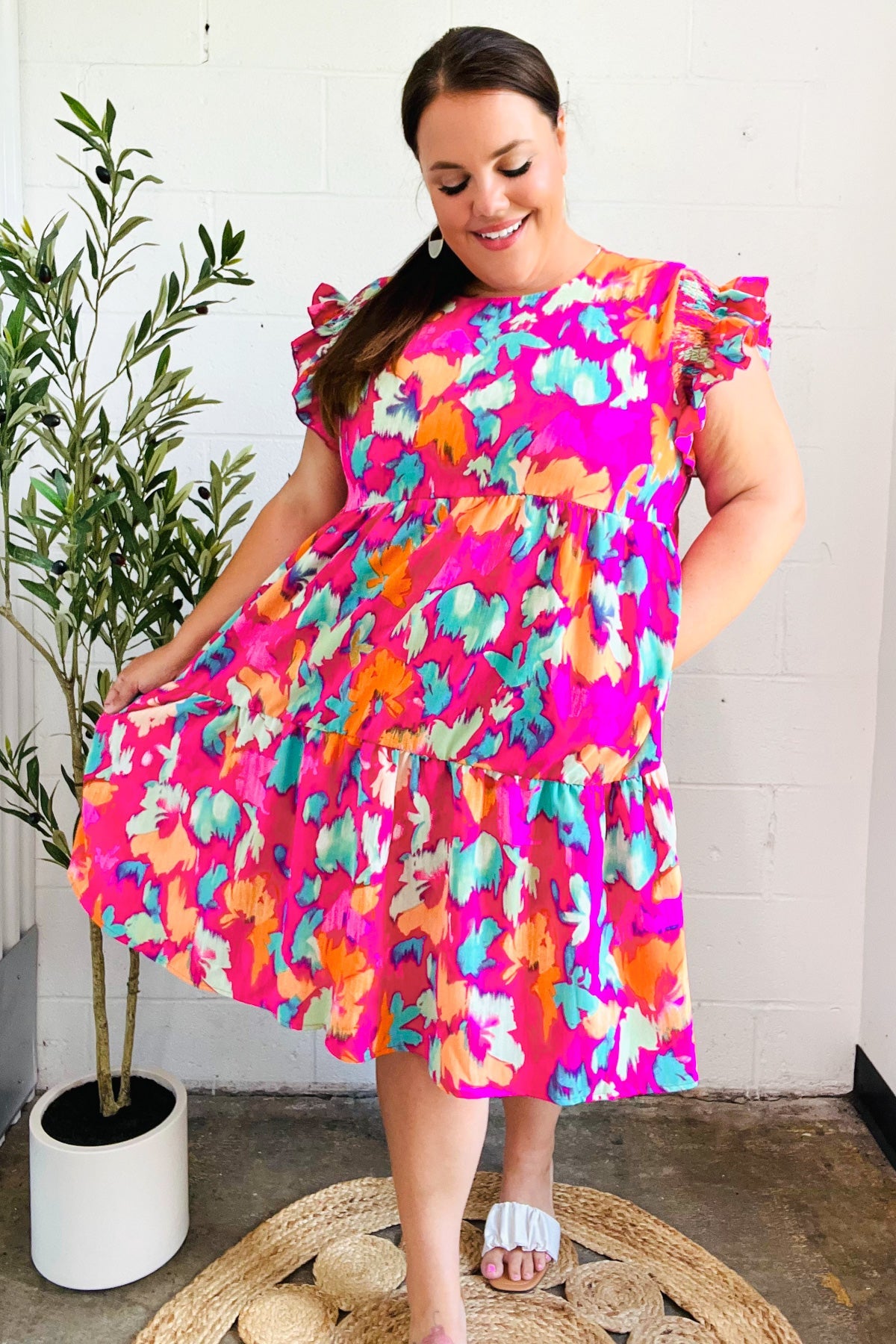 Look of Love Fuchsia Abstract Floral Print Smocked Ruffle Sleeve Dress for Women | Elegant Party & Wedding Guest Outfit