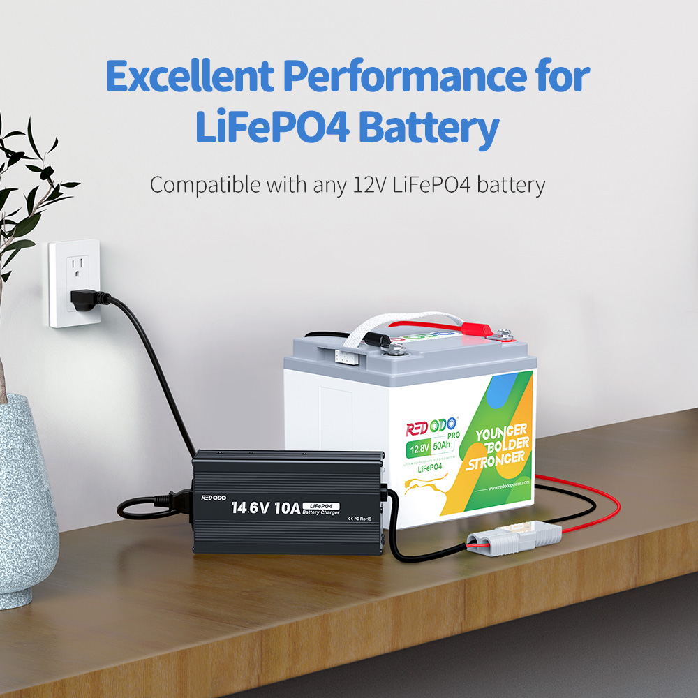 Redodo 14.6V 10A LiFePO4 Battery Charger for RVs, Solar Systems & Marine Applications - Fast Charging Lithium Iron Phosphate Batteries