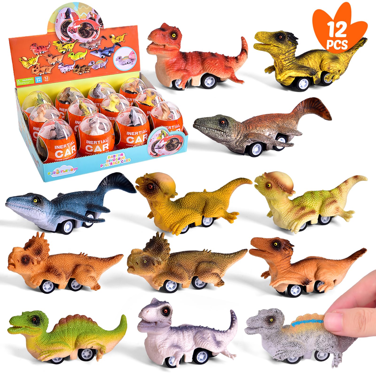 12 Pack Pull Back Dinosaur Toy Cars for Kids Ages 3-7 - Fun Dino Race Set for Boys & Girls - Birthday Party Favors, Goodie Bag Fillers & Preschool Learning Toys - Great for Indoor Play, Gift Giving & Imaginative Playtime