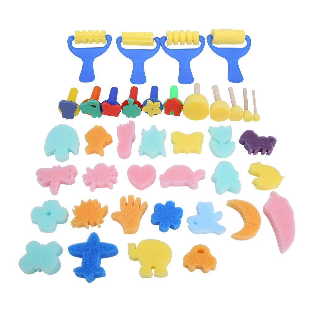 39Pcs Kids Paint Brushes Set - Mini Washable Sponge Brushes, Rollers & Animal Stampers for Toddler Art Projects - Perfect for Classroom, Birthday Parties & DIY Home Crafts