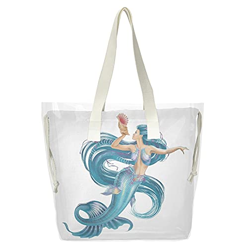 Vintage Blue Mermaid Print Canvas Tote Bag with Clear Insert - 2-in-1 High Capacity Waterproof Beach Bag for Women, Scratch Resistant Reusable Shopping Tote - Perfect for Summer Travel, Casual Outings & Beach Vacations