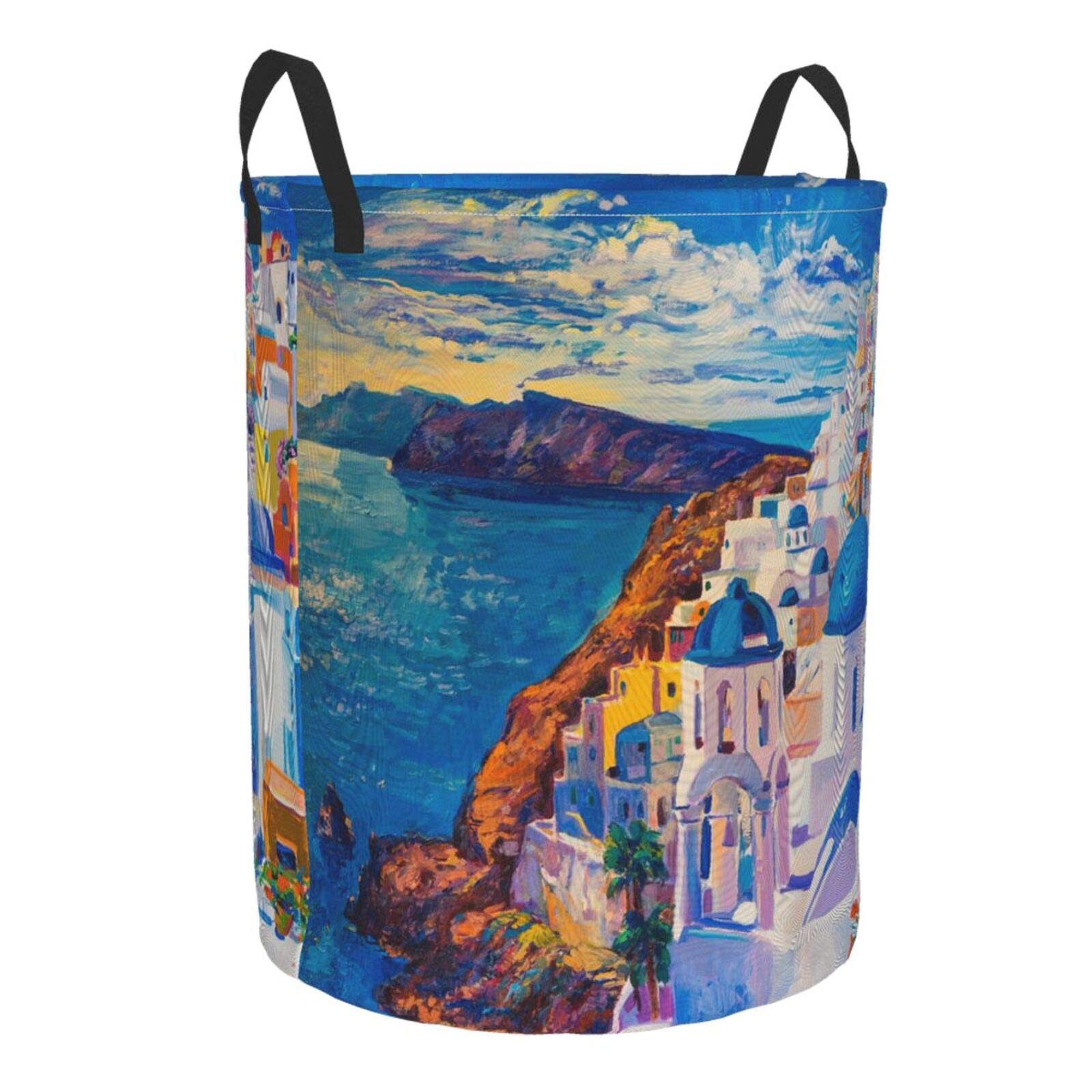 Beautiful Santorini Oil Painting Collapsible Laundry Basket with Handle - Waterproof Fabric Hamper for Clothes, Toys & Bathroom Storage - Large Organizer Bin for Dirty Laundry (Perfect for Home, Dorm & Travel Use)