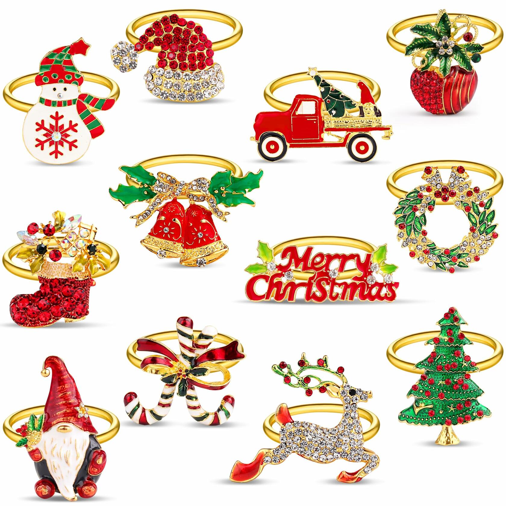12-Pack Gold Christmas Napkin Rings with Rhinestones - Elegant Holiday Table Decor for Christmas Dinner, Party & Wedding Decorations