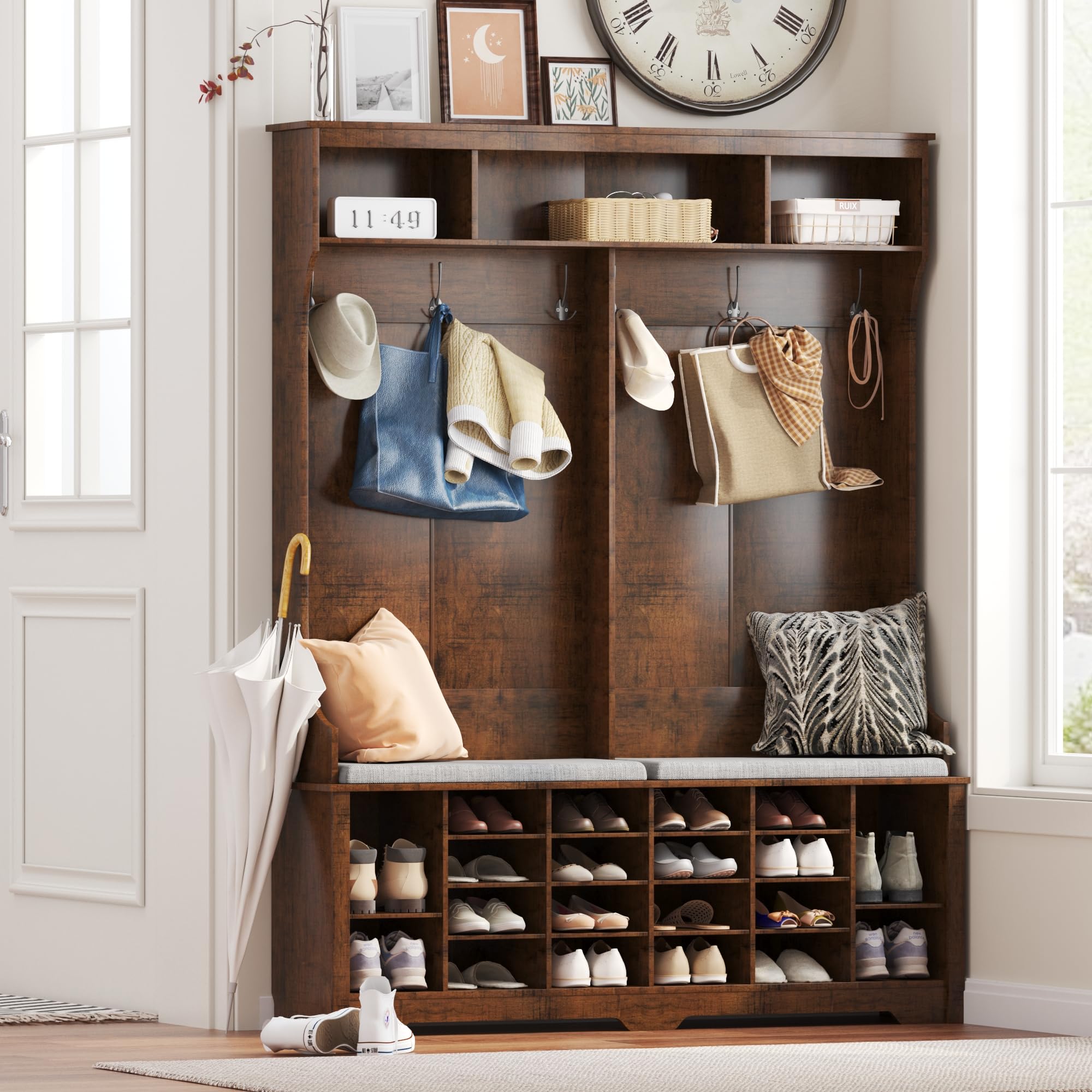 4-in-1 Hall Tree Entryway Bench with Coat Rack & Shoe Organizer - 6 Hanging Hooks & Adjustable Storage Shelves for Hallway, Bedroom, Living Room - Perfect for Small Space Organization & Entryway Decor (Dark Brown)