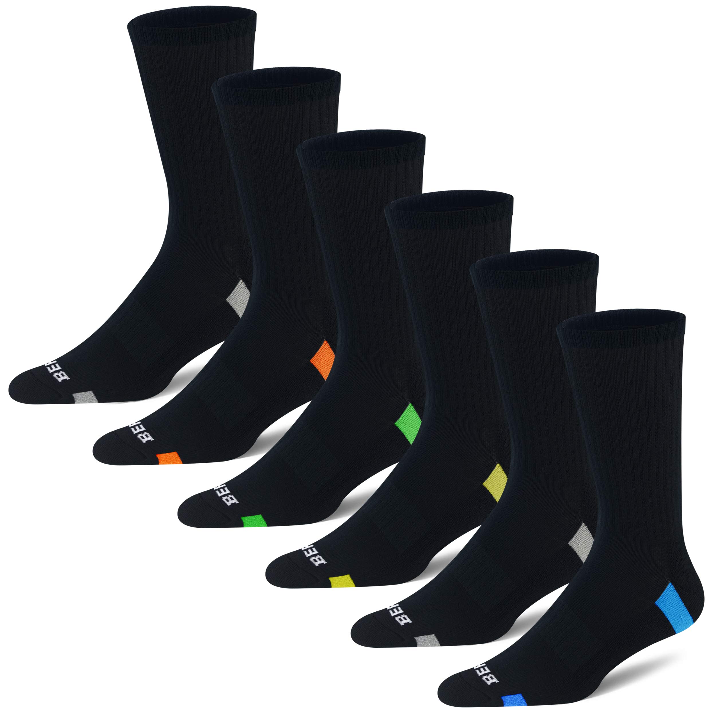 BERING Men's Performance Athletic Cushioned Crew Socks - 6 Pairs Pack - Moisture Wicking & Breathable for Running, Hiking & Sports - Comfortable Everyday Socks for Work & Gym