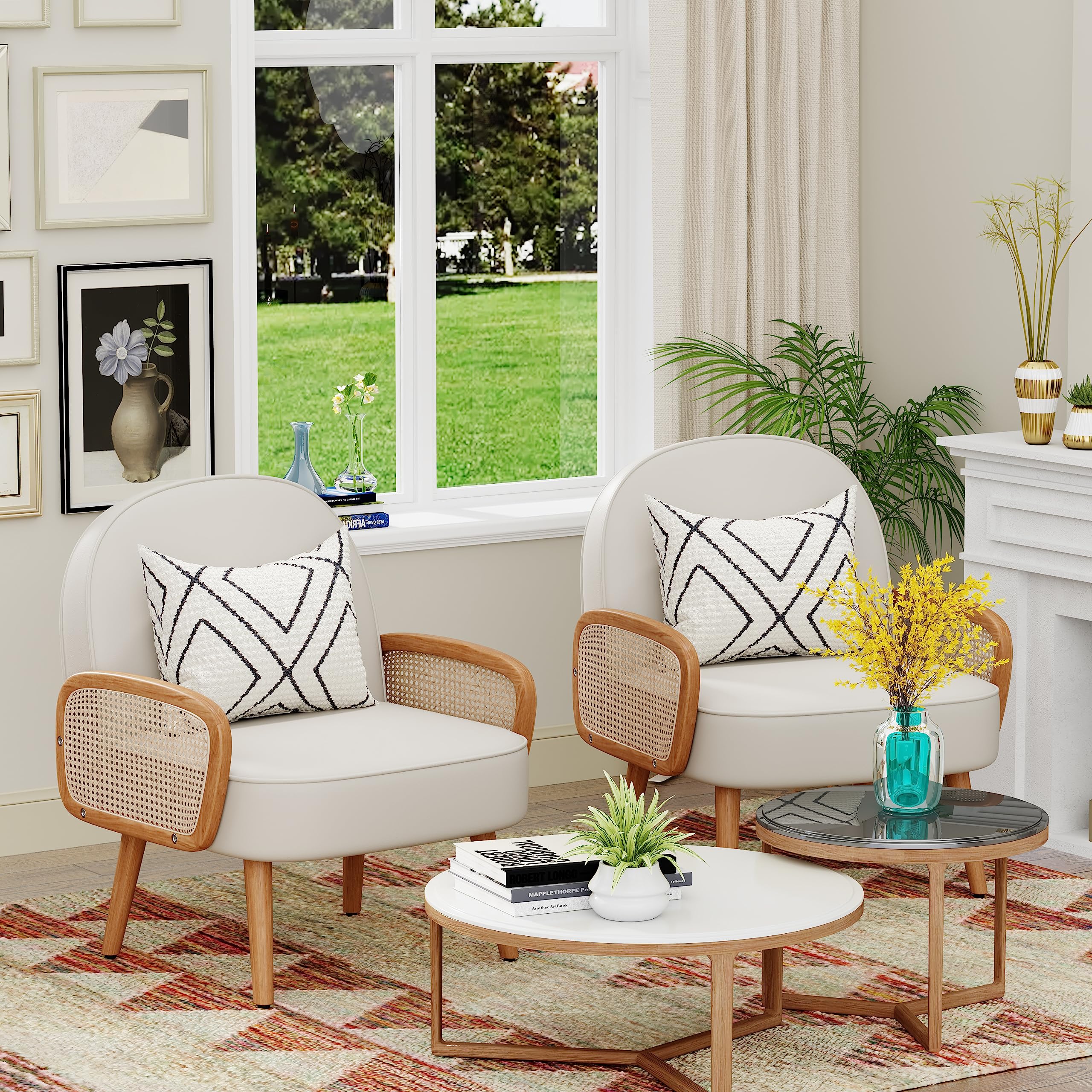 Mid Century Modern Accent Chair with Rattan Arms - Boho Upholstered Armchair in Faux Leather Beige for Living Room, Bedroom & Balcony | Perfect Reading Chair & Side Club Chair for Home Decor