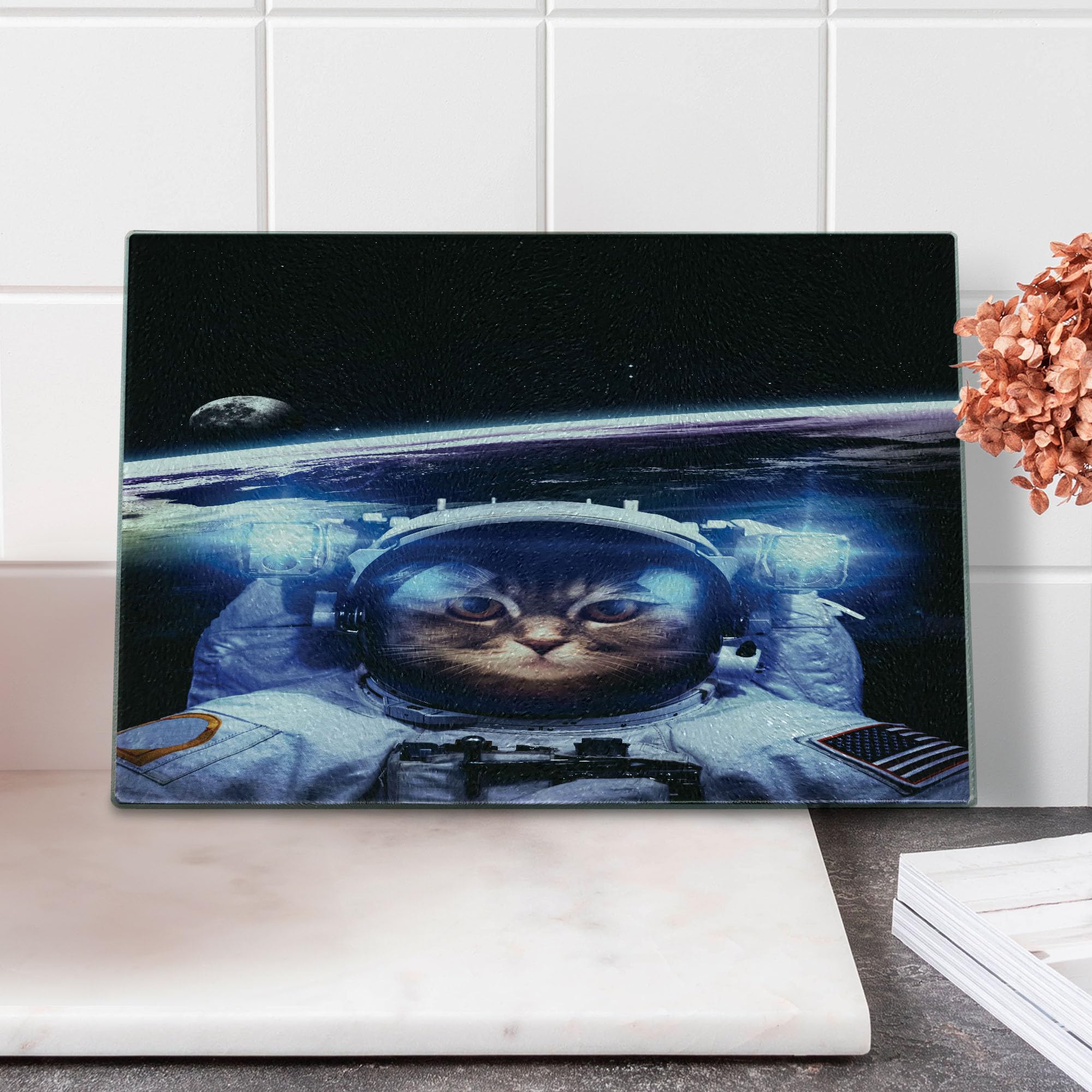 Ambesonne Cat Cutting Board - Funny Astronaut Cat in Space Explorer Design, Tempered Glass Serving Board for Kitchen - Small Size Blue & White - Perfect for Food Prep, Cheese Serving & Home Decor